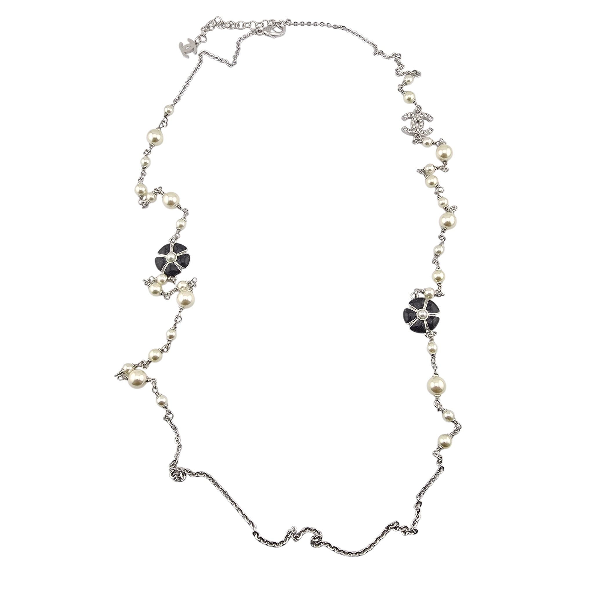 Chanel CC Black Camellia Flower Resin Denim Long Necklace 2026 CHANEL