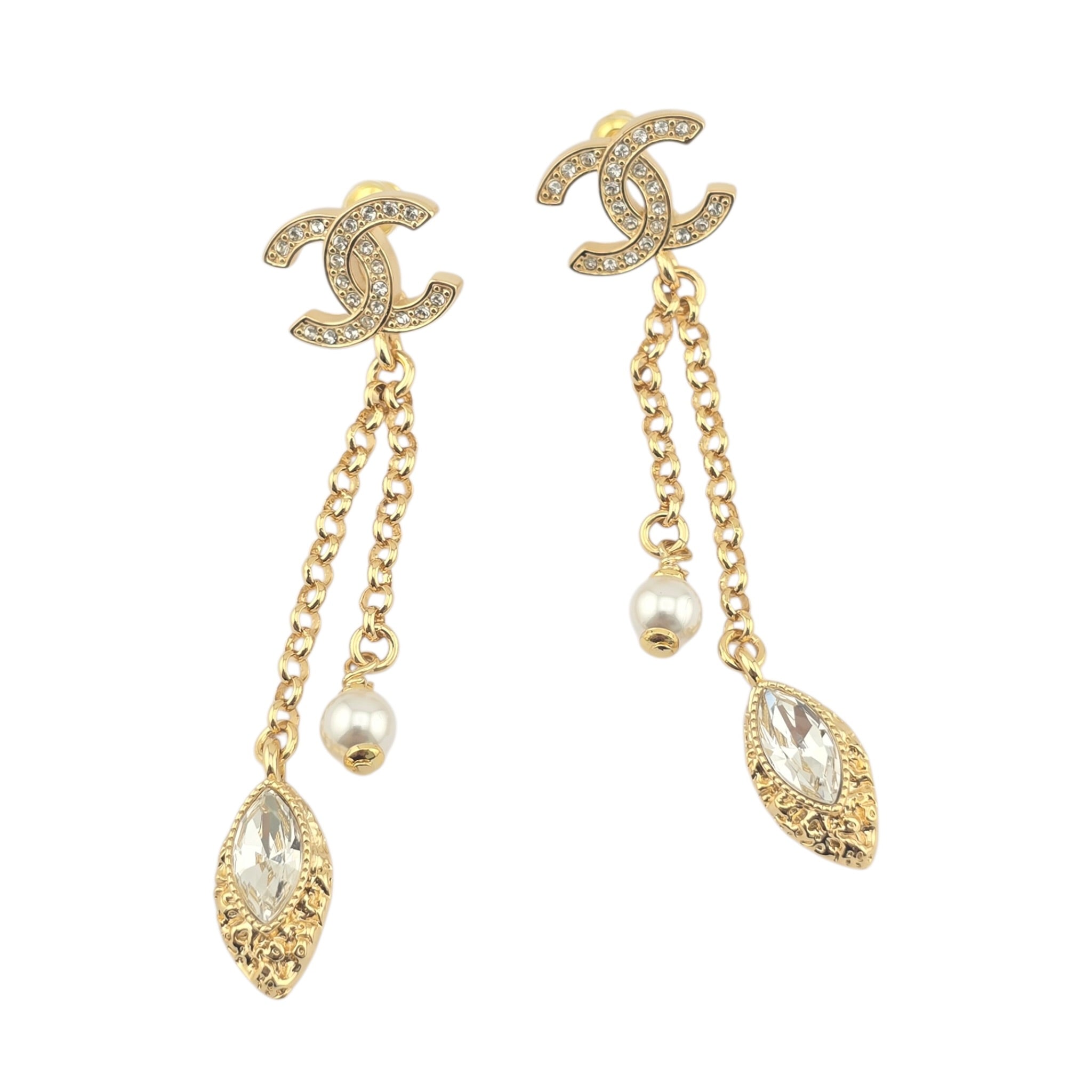 Chanel Crystal Pearl CC Drop Earrings Gold 2026 CHANEL
