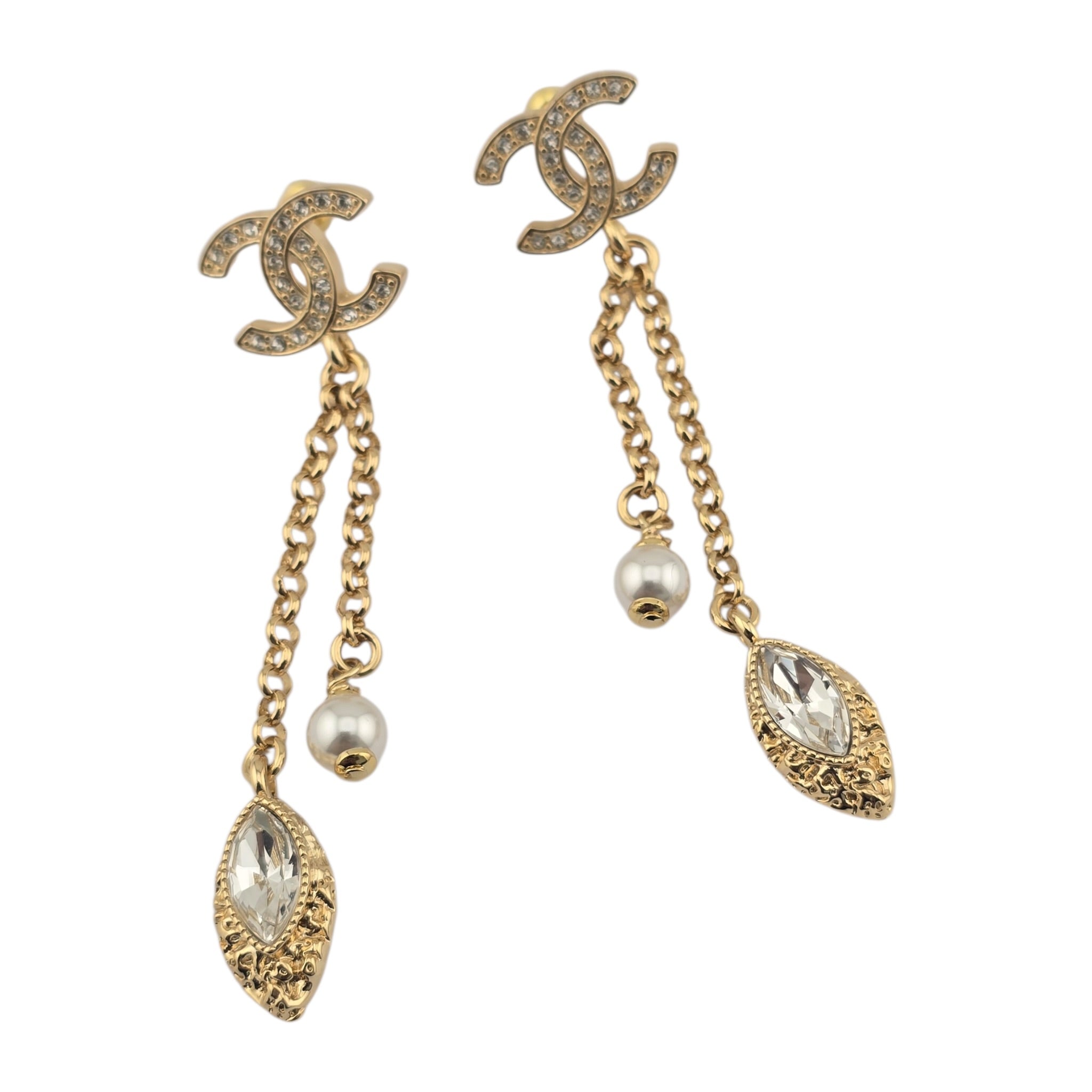 Chanel Crystal Pearl CC Drop Earrings Gold 2026 CHANEL