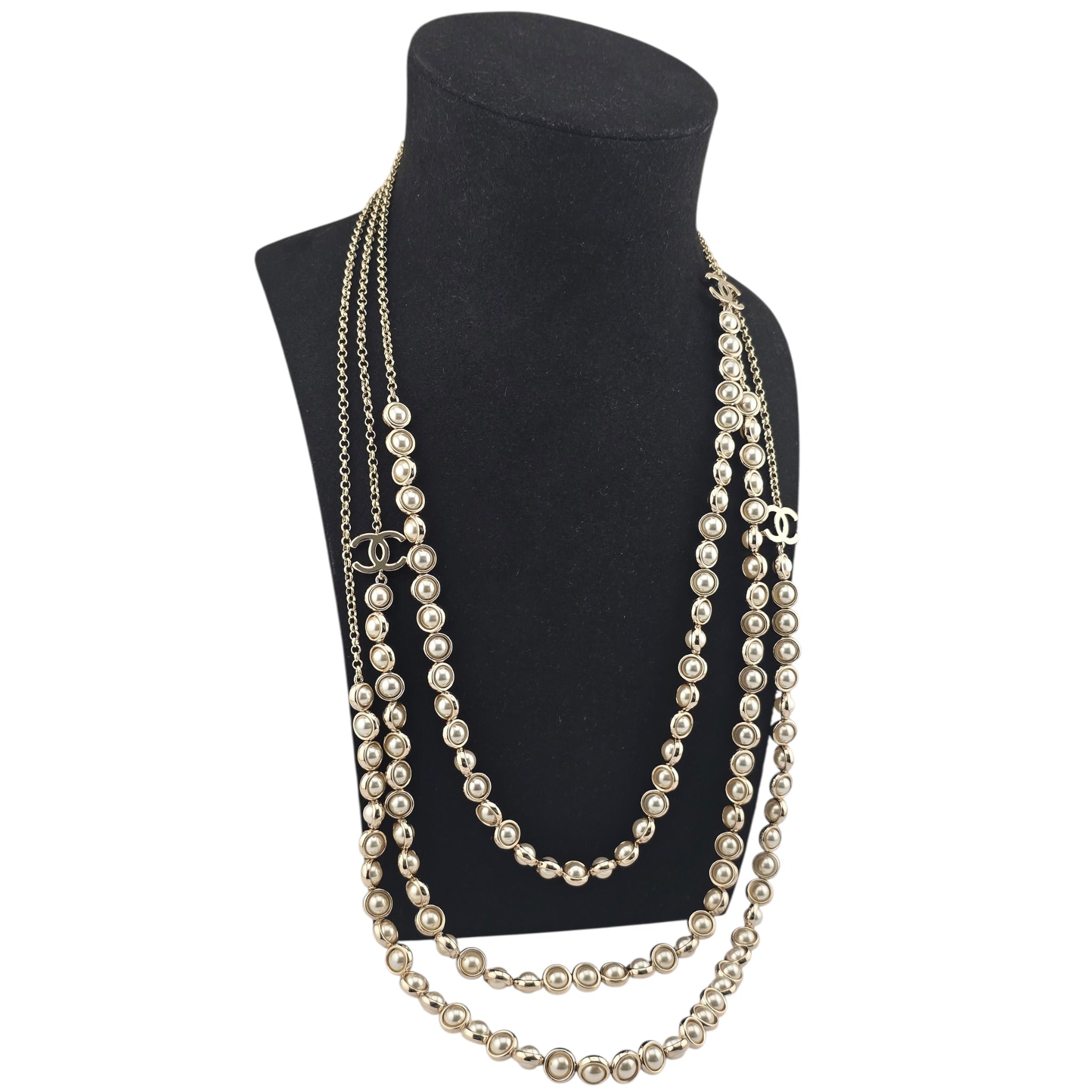 Chanel CC Long Gold Faux Pearl 3 Row Necklace 2024 CHANEL