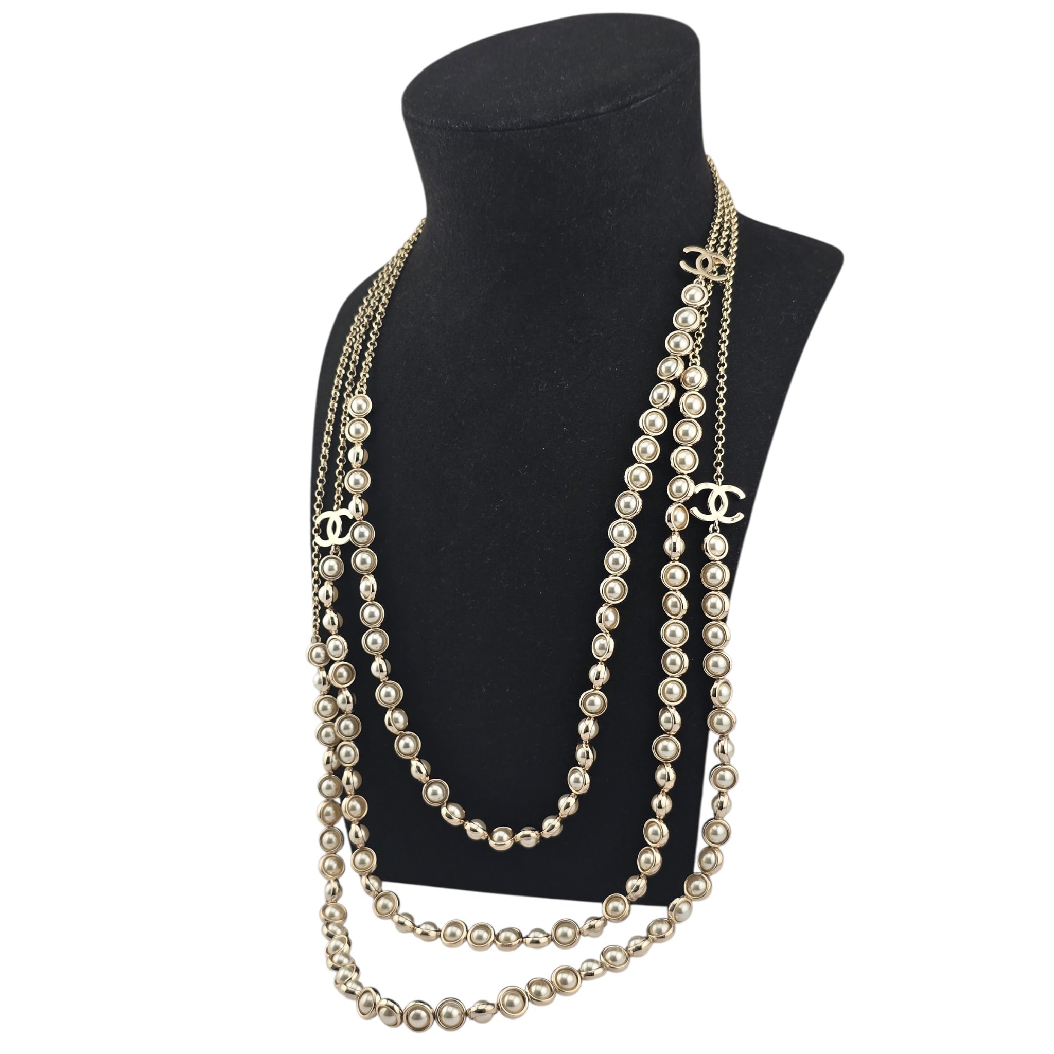 Chanel CC Long Gold Faux Pearl 3 Row Necklace 2024 CHANEL
