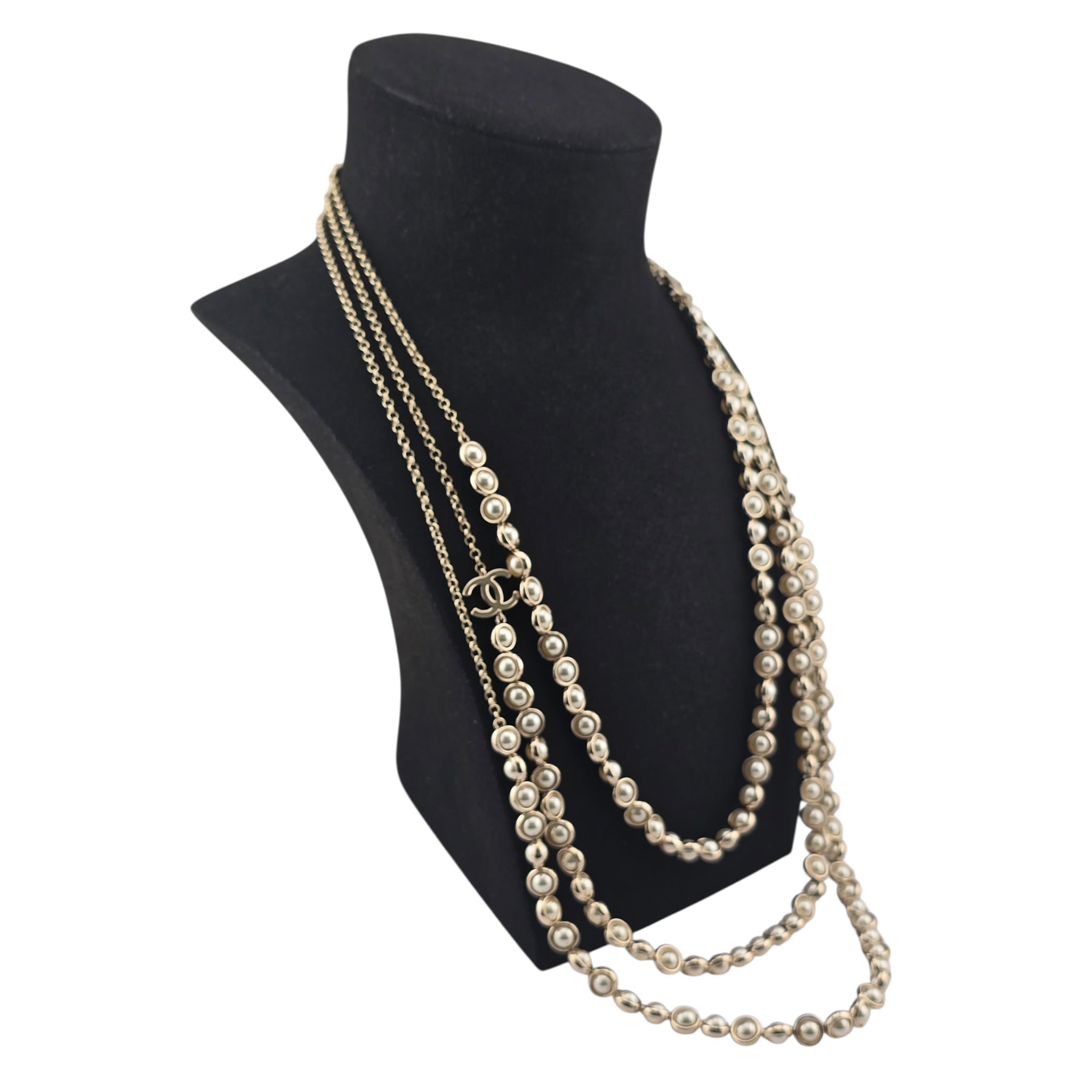 Chanel CC Long Gold Faux Pearl 3 Row Necklace 2024 CHANEL