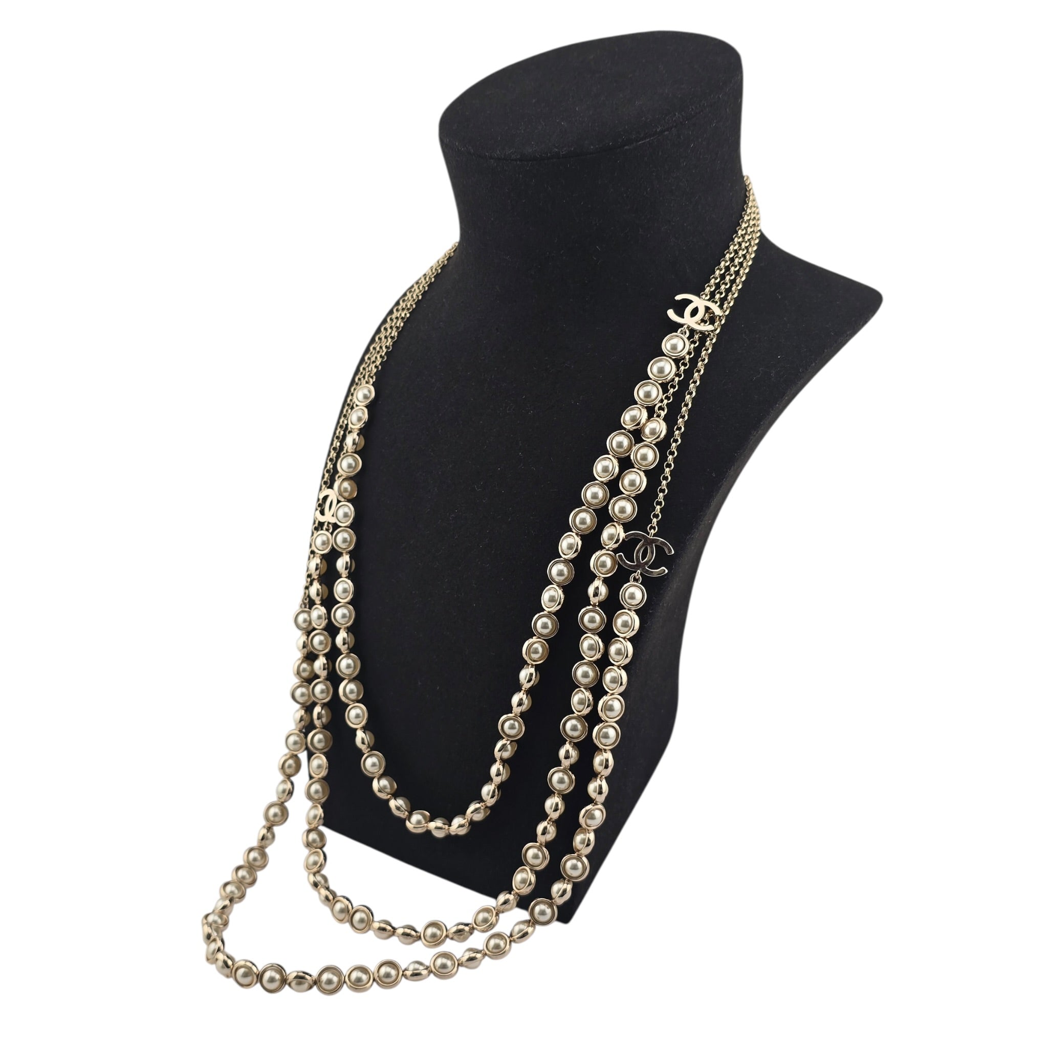 Chanel CC Long Gold Faux Pearl 3 Row Necklace 2024 CHANEL