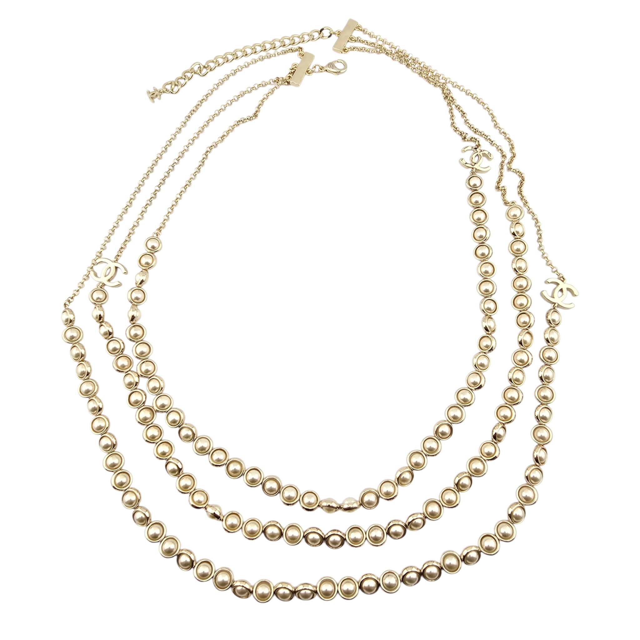 Chanel CC Long Gold Faux Pearl 3 Row Necklace 2024 CHANEL