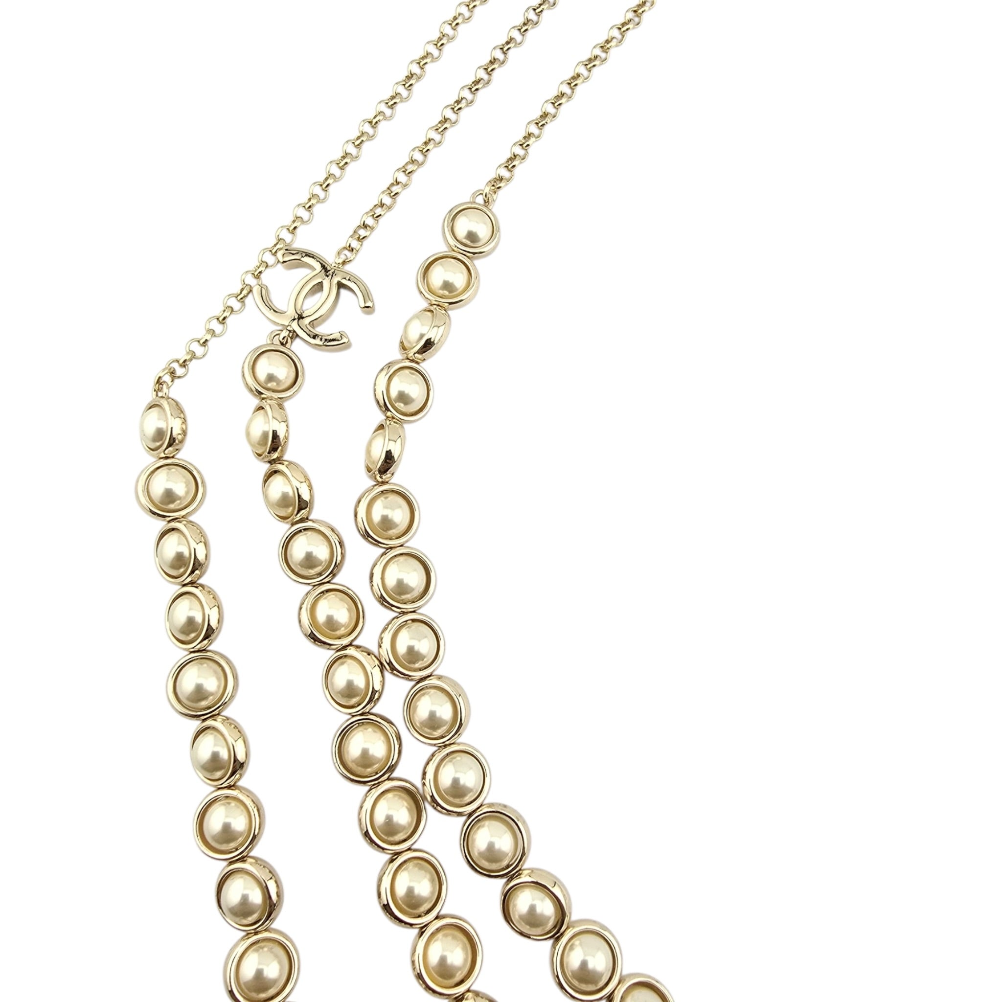 Chanel CC Long Gold Faux Pearl 3 Row Necklace 2024 CHANEL