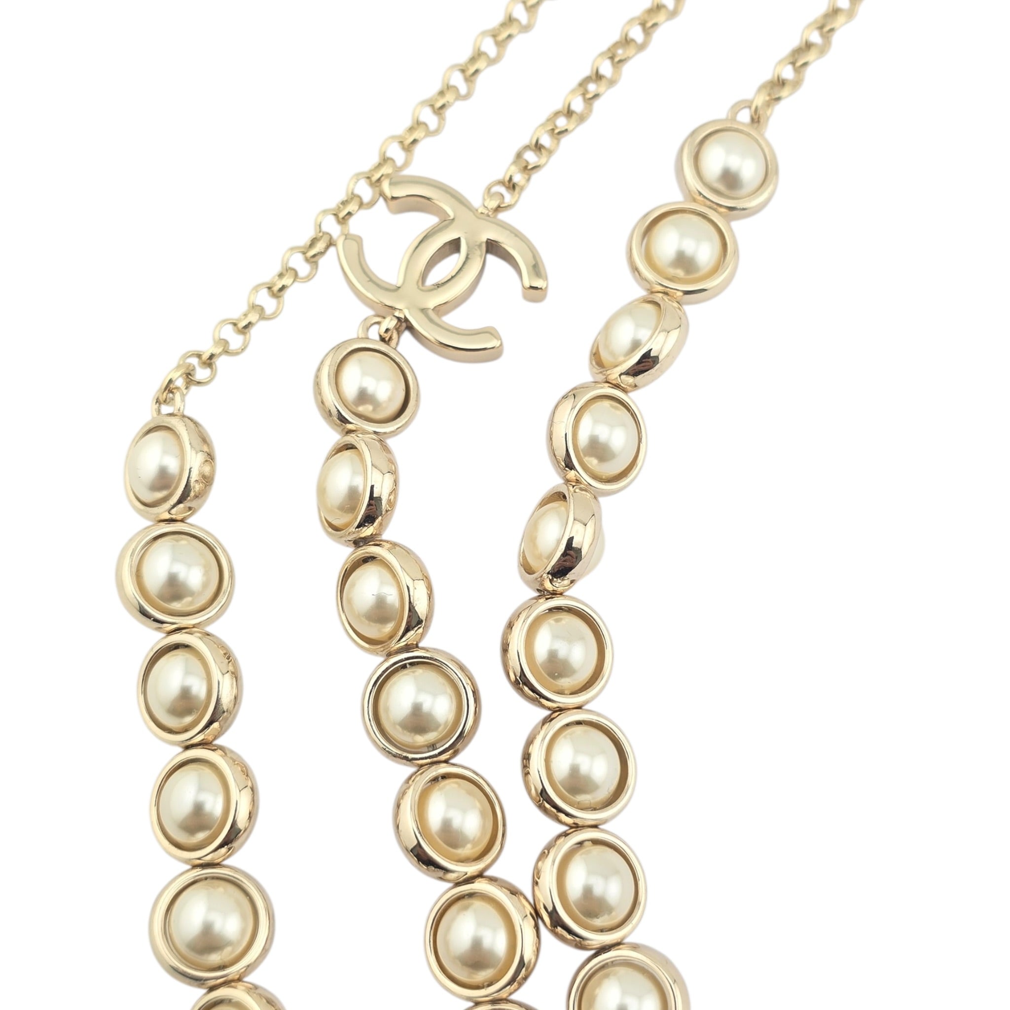 Chanel CC Long Gold Faux Pearl 3 Row Necklace 2024 CHANEL