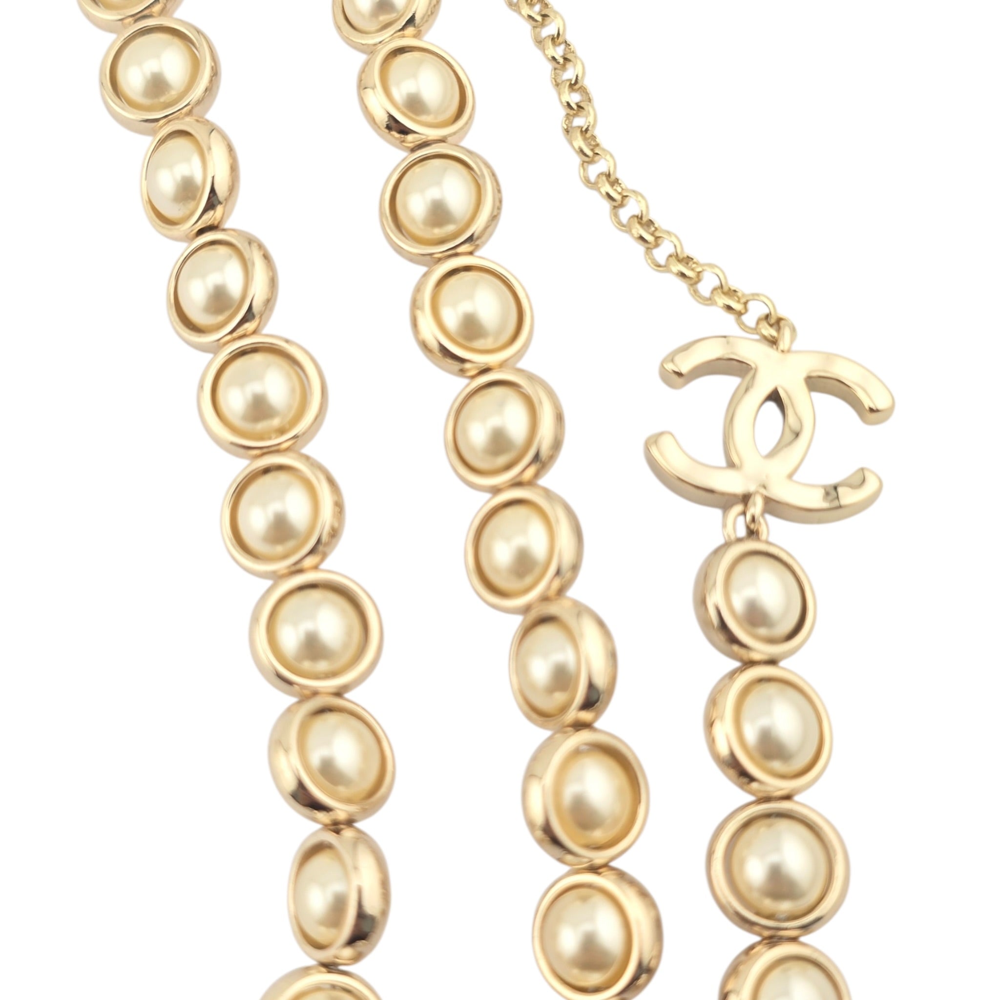 Chanel CC Long Gold Faux Pearl 3 Row Necklace 2024 CHANEL