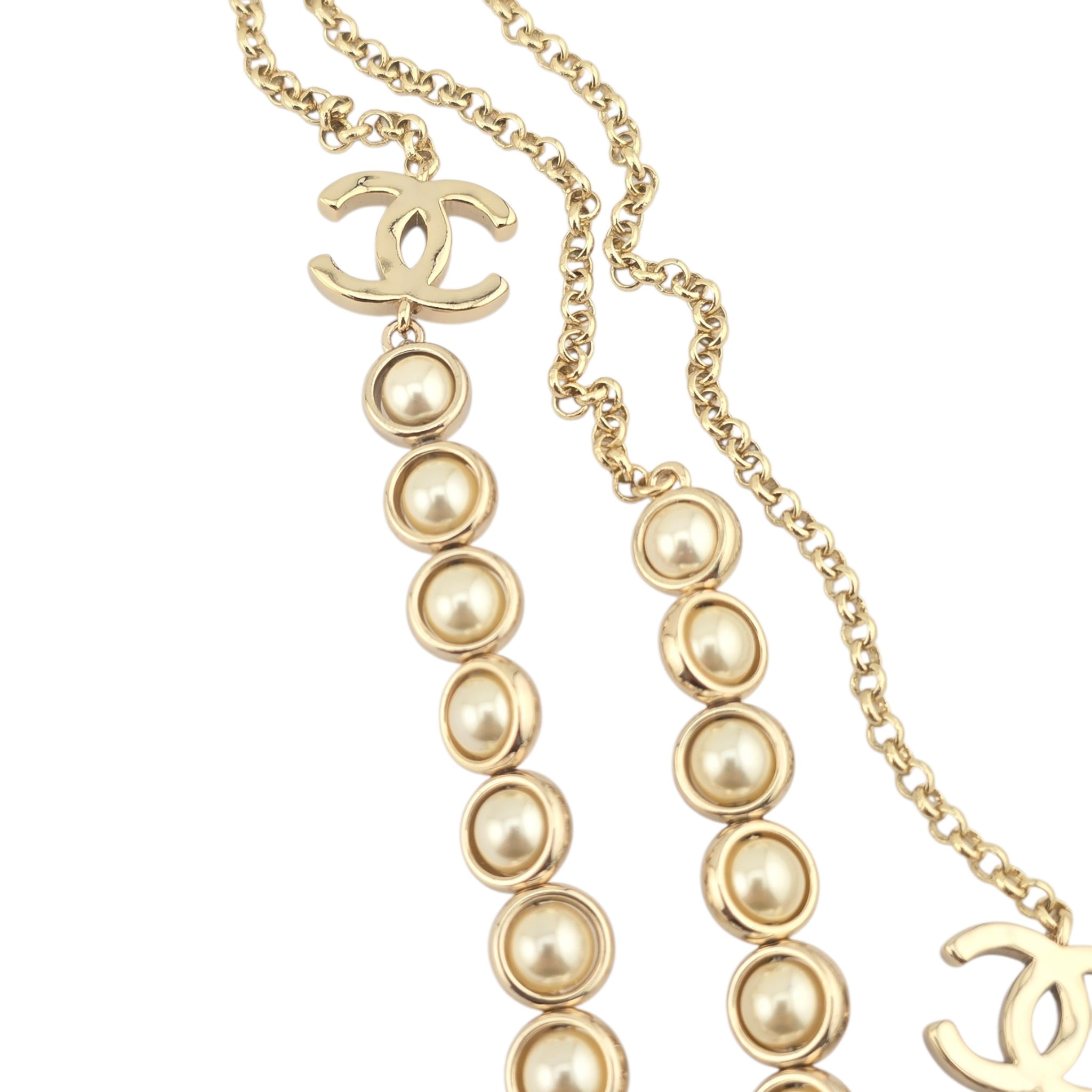 Chanel CC Long Gold Faux Pearl 3 Row Necklace 2024 CHANEL