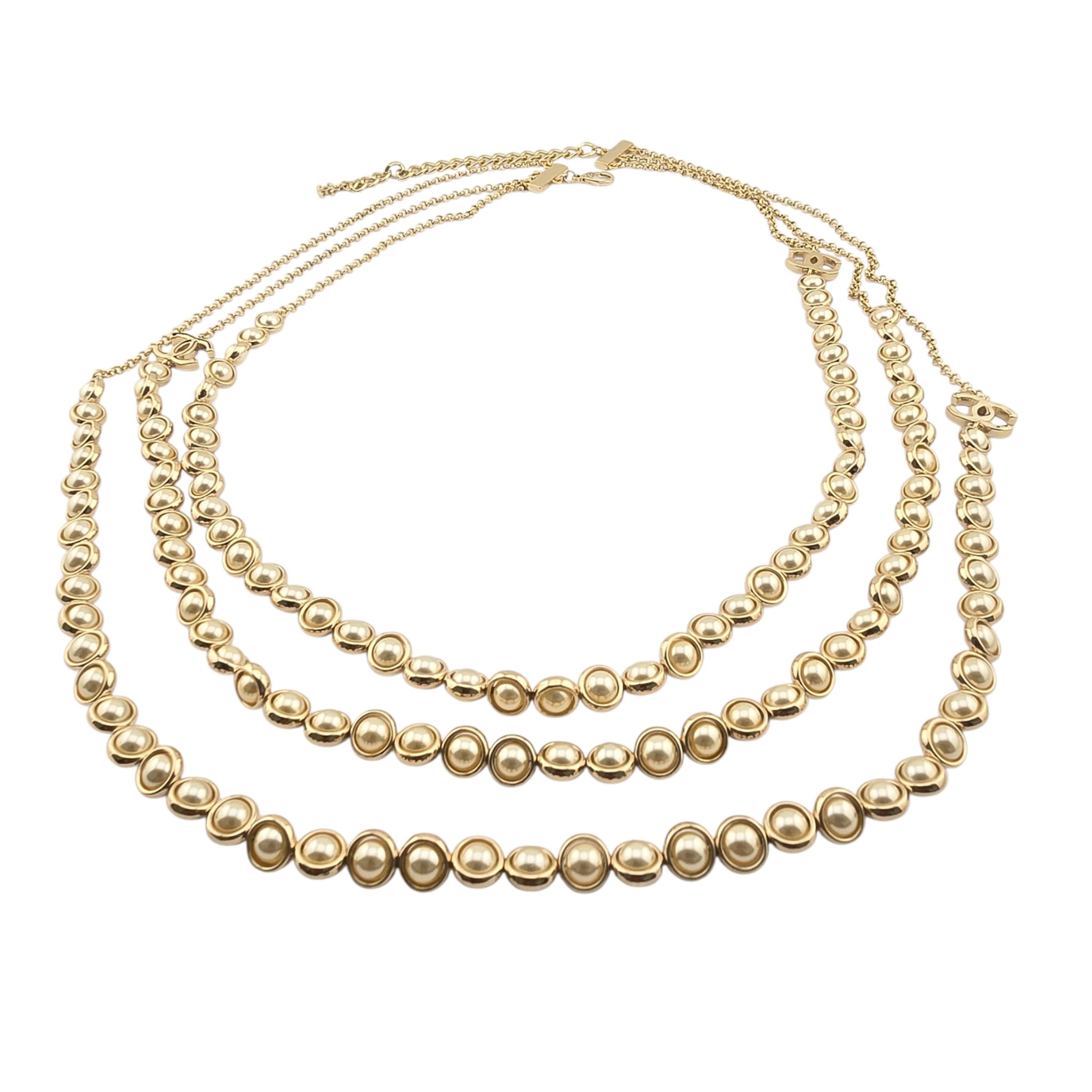 Chanel CC Long Gold Faux Pearl 3 Row Necklace 2024 CHANEL