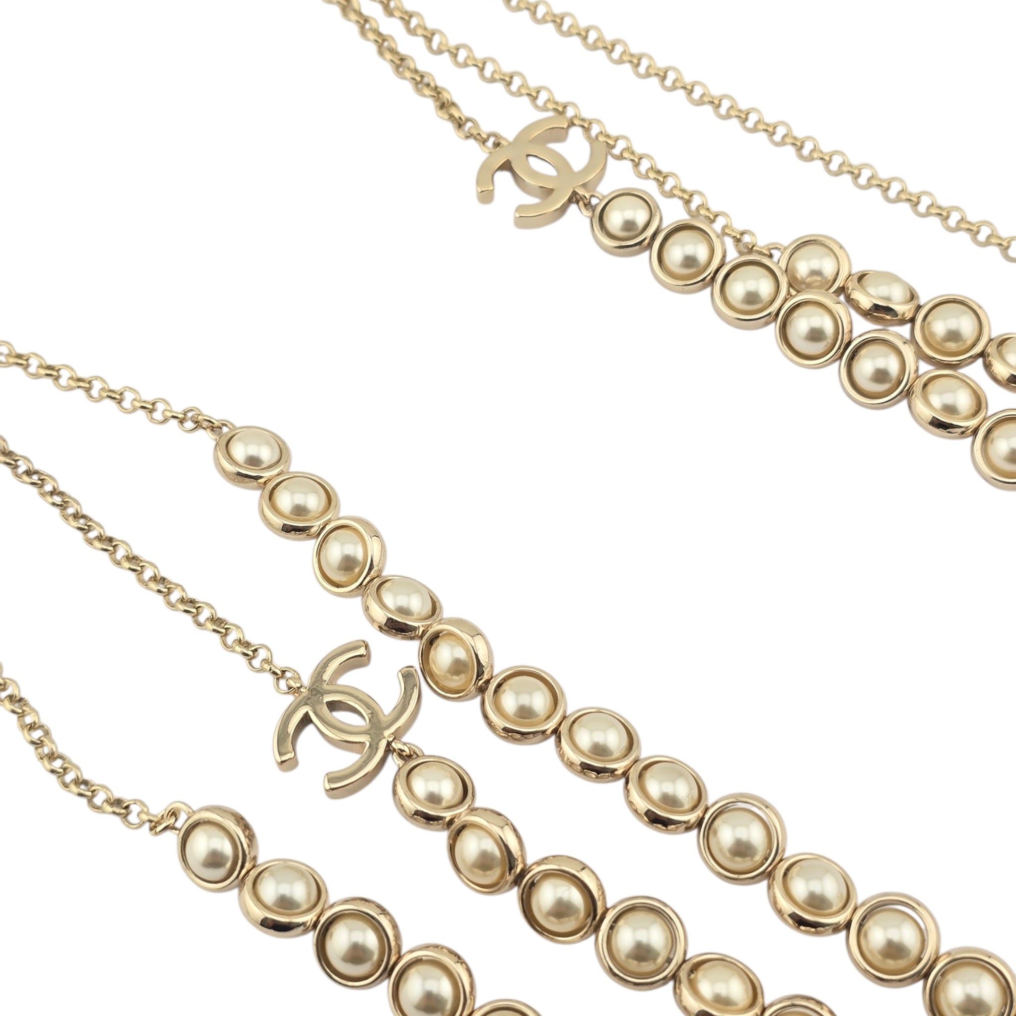 Chanel CC Long Gold Faux Pearl 3 Row Necklace 2024 CHANEL