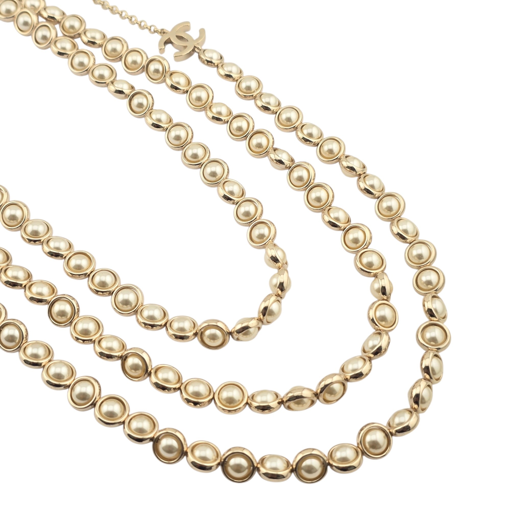 Chanel CC Long Gold Faux Pearl 3 Row Necklace 2024 CHANEL