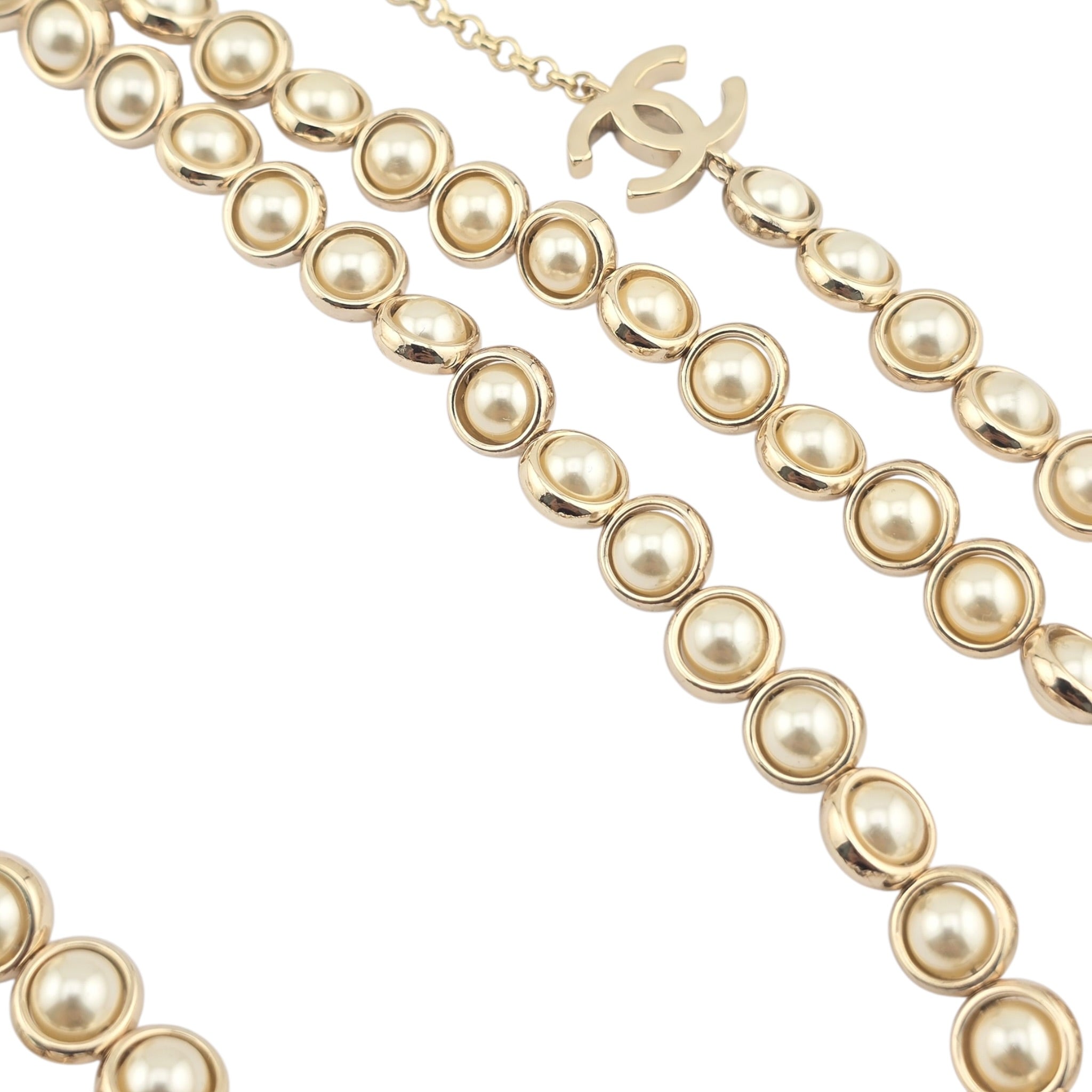 Chanel CC Long Gold Faux Pearl 3 Row Necklace 2024 CHANEL