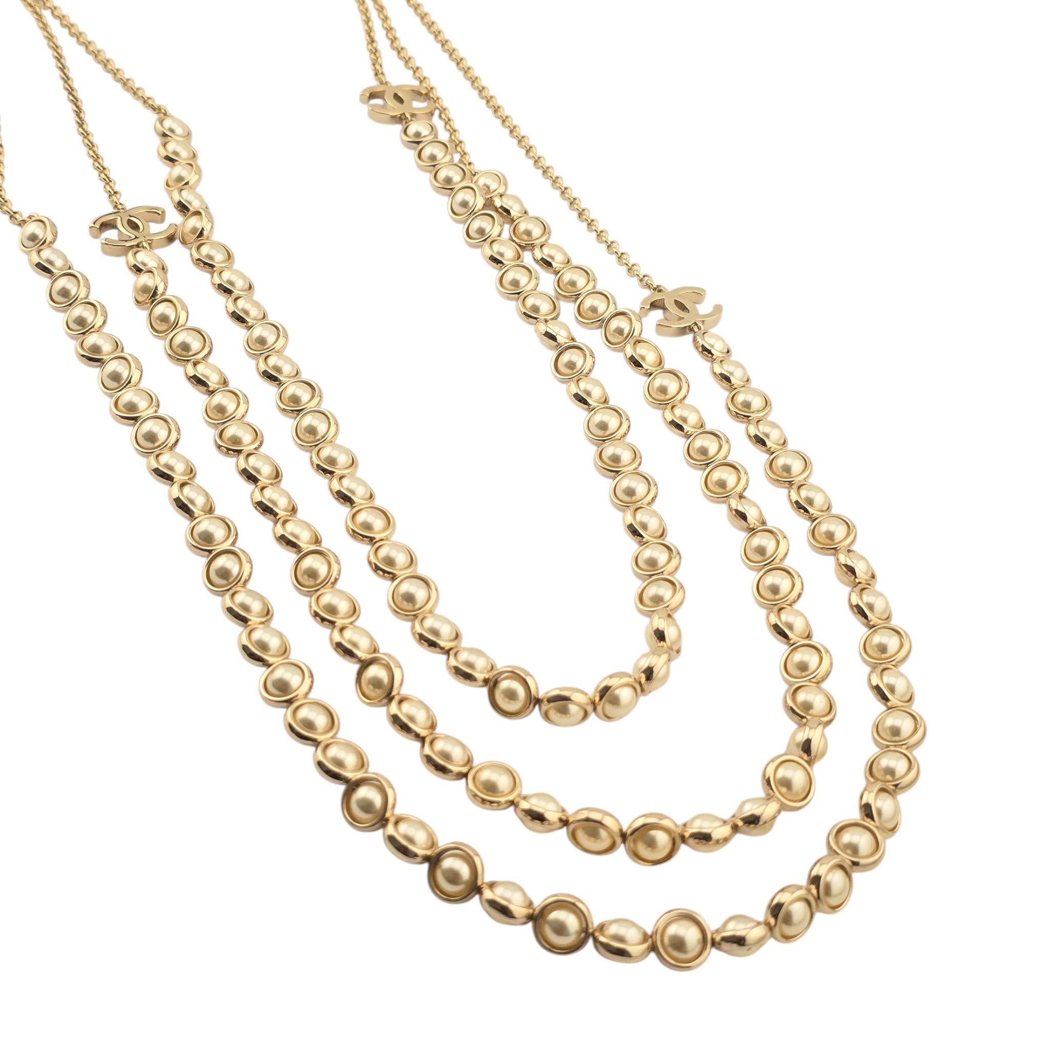 Chanel CC Long Gold Faux Pearl 3 Row Necklace 2024 CHANEL