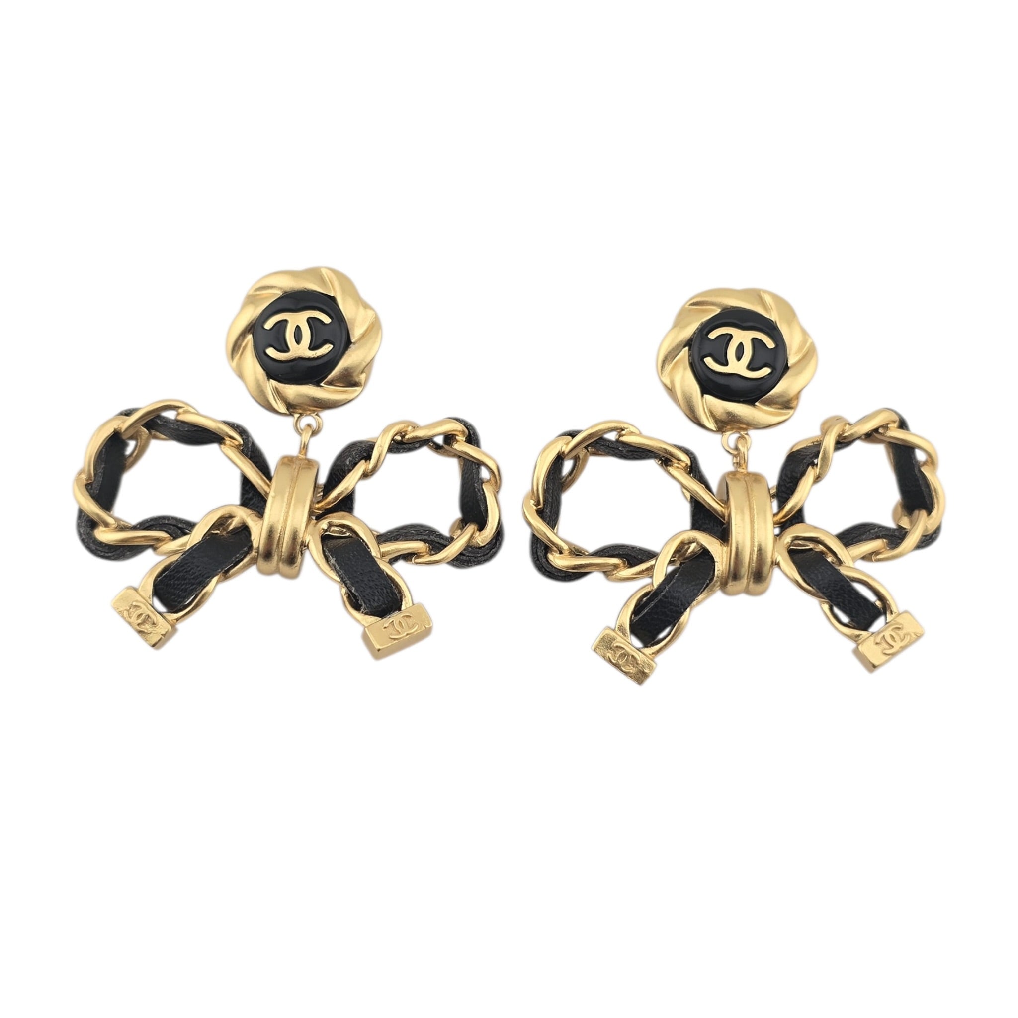 Chanel Lambskin Chain Bow Drop Earrings Black Gold CHANEL