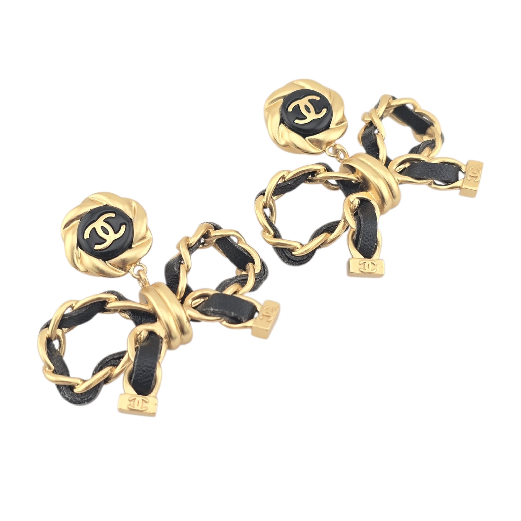 Chanel Lambskin Chain Bow Drop Earrings Black Gold CHANEL