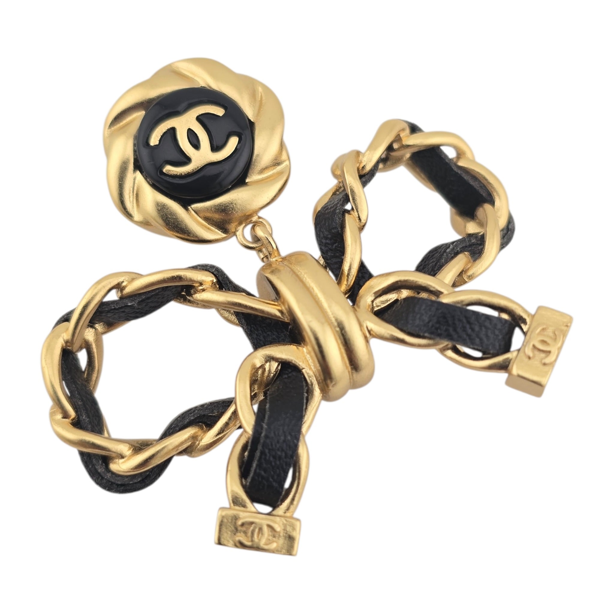 Chanel Lambskin Chain Bow Drop Earrings Black Gold CHANEL