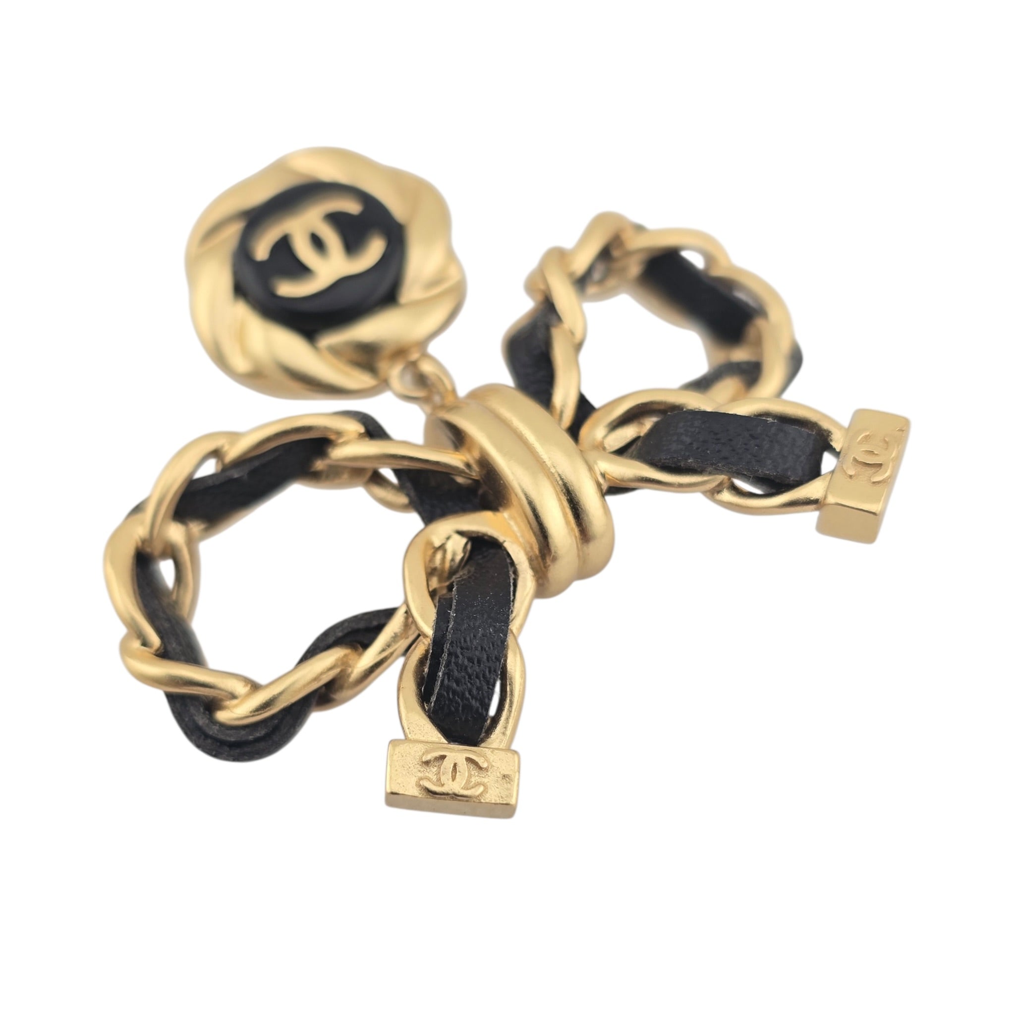 Chanel Lambskin Chain Bow Drop Earrings Black Gold CHANEL