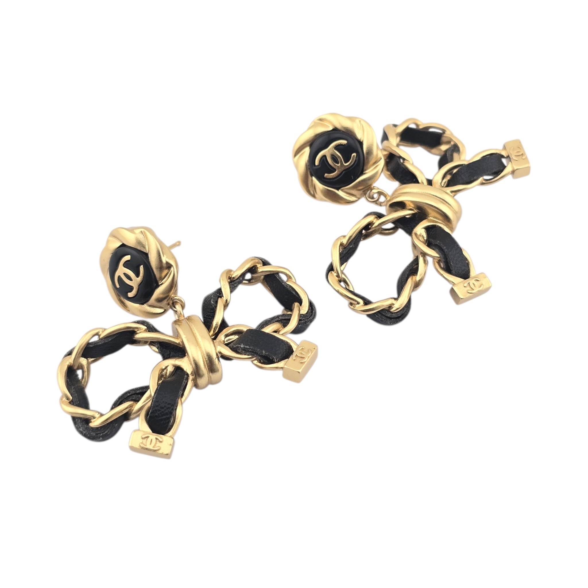 Chanel Lambskin Chain Bow Drop Earrings Black Gold CHANEL