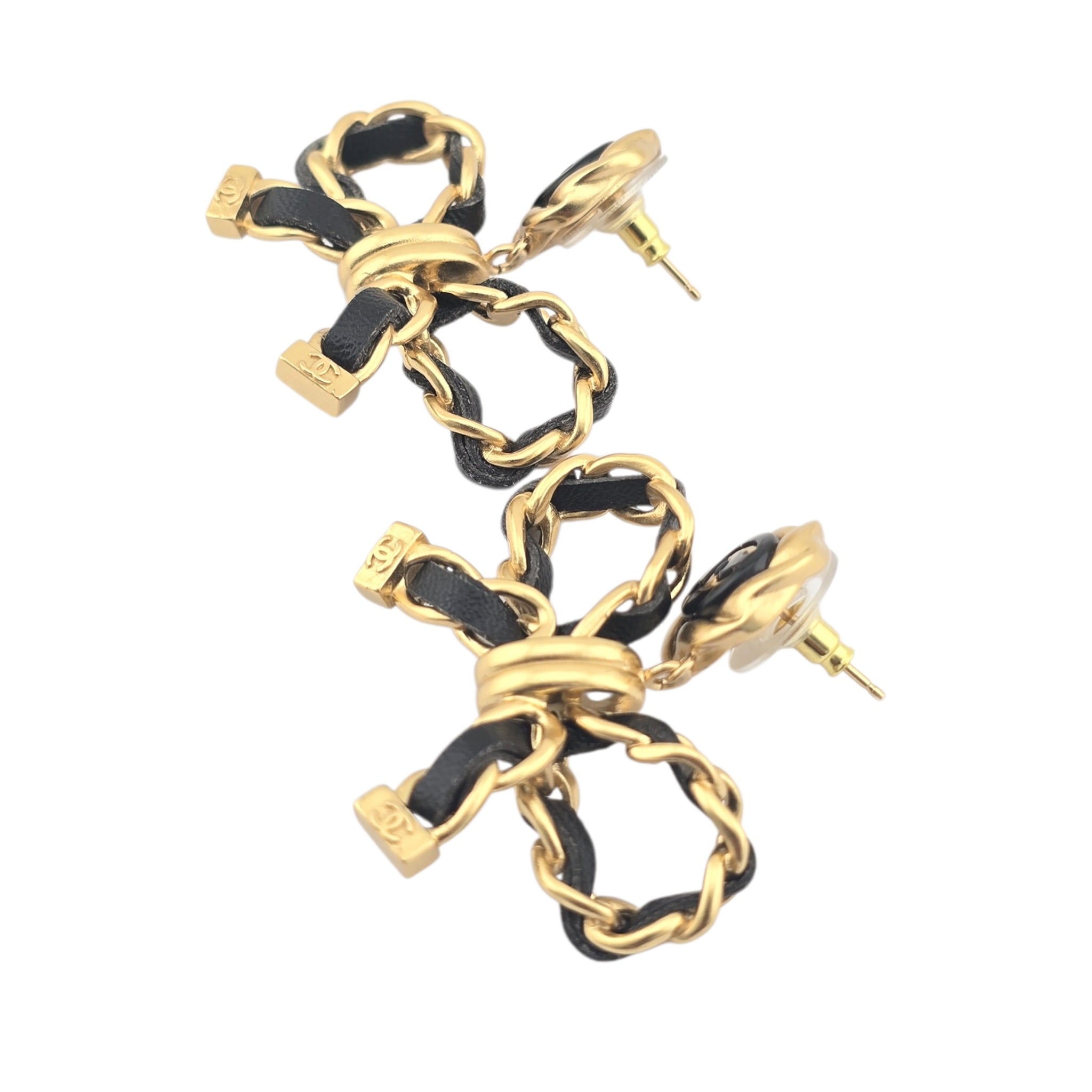Chanel Lambskin Chain Bow Drop Earrings Black Gold CHANEL
