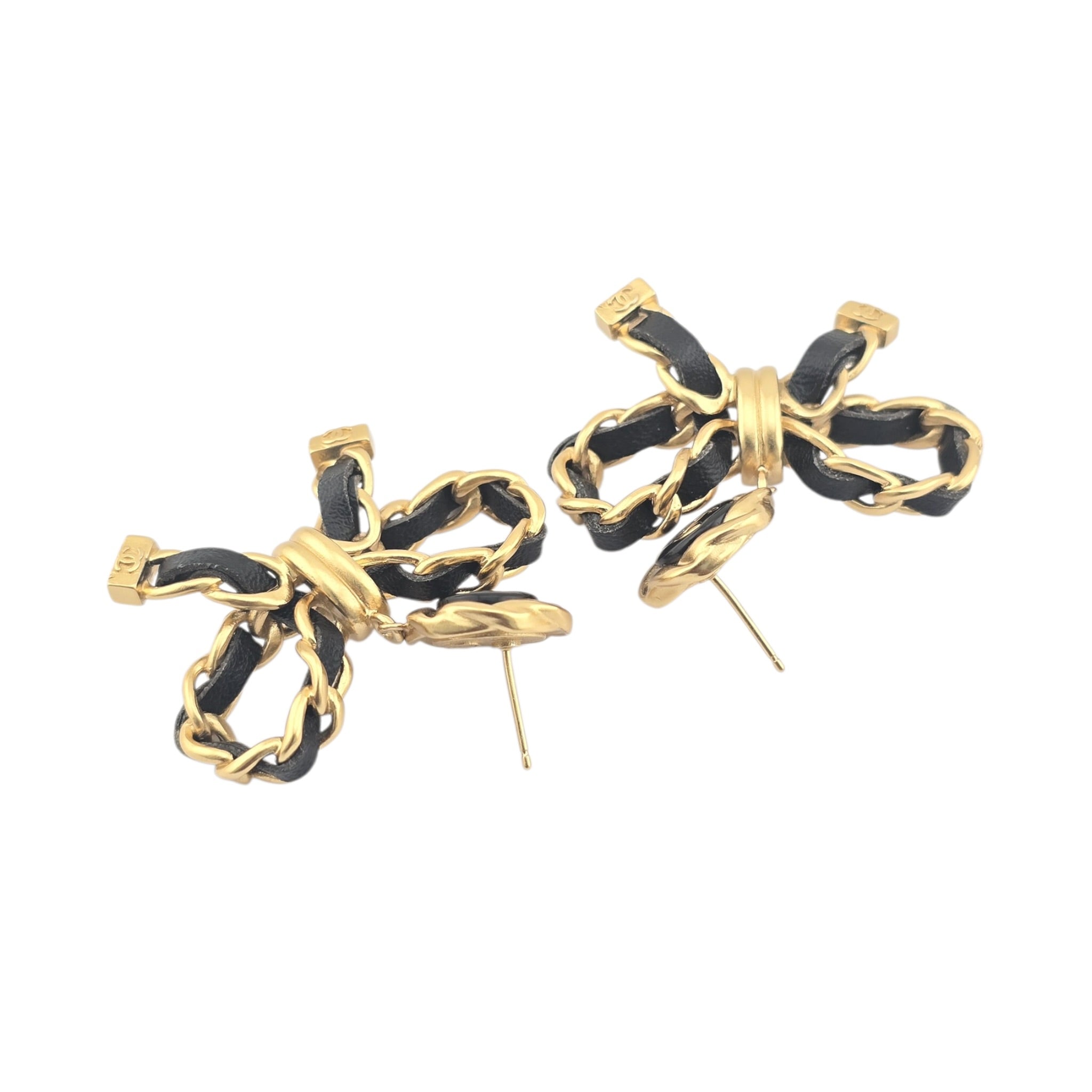 Chanel Lambskin Chain Bow Drop Earrings Black Gold CHANEL