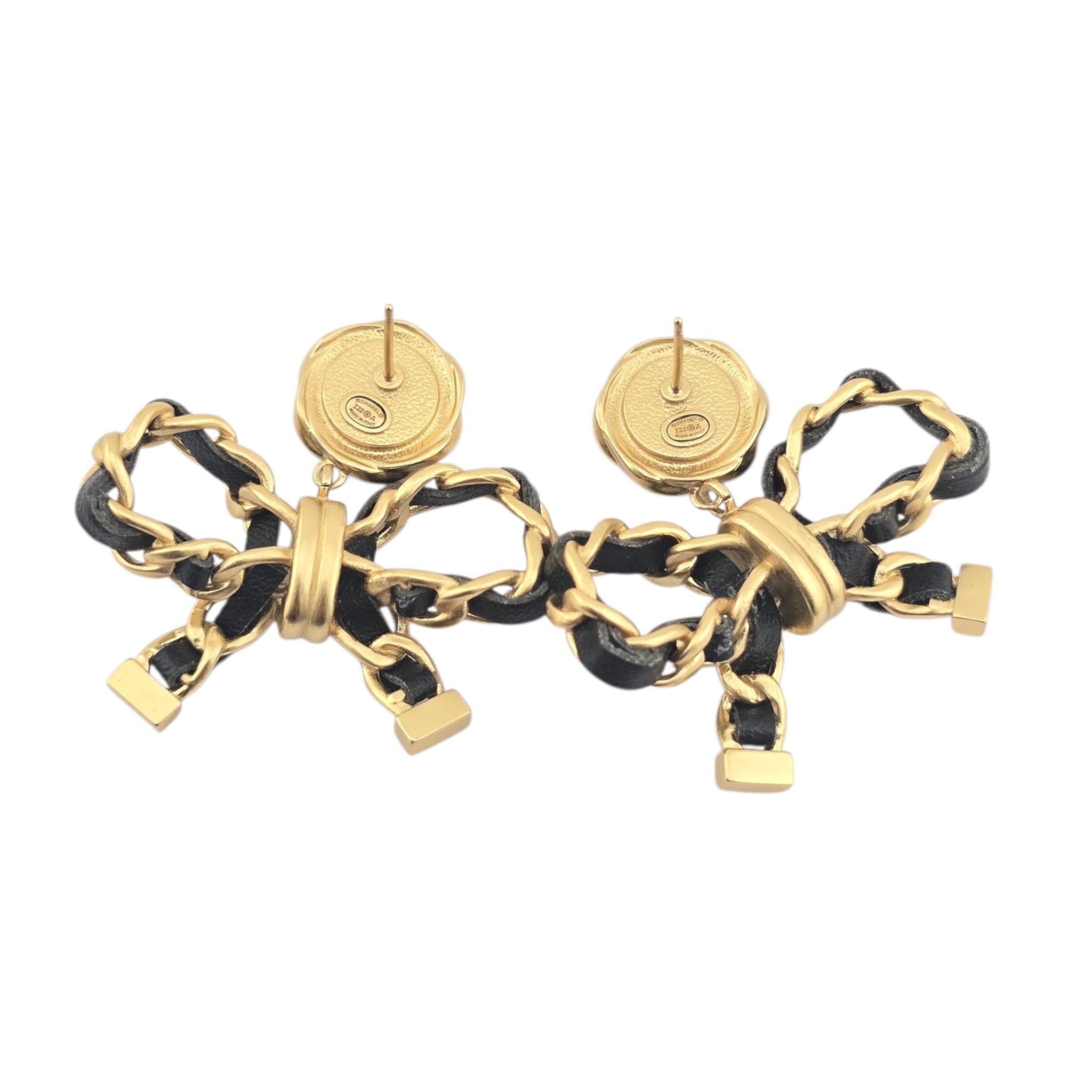 Chanel Lambskin Chain Bow Drop Earrings Black Gold CHANEL