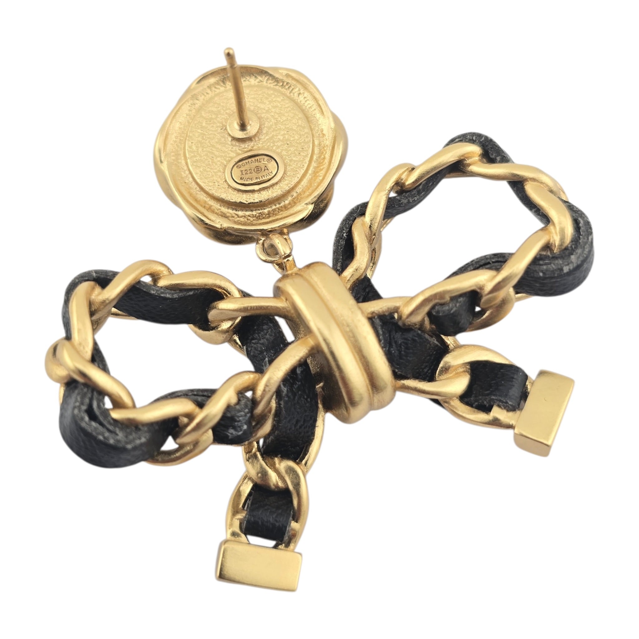 Chanel Lambskin Chain Bow Drop Earrings Black Gold CHANEL