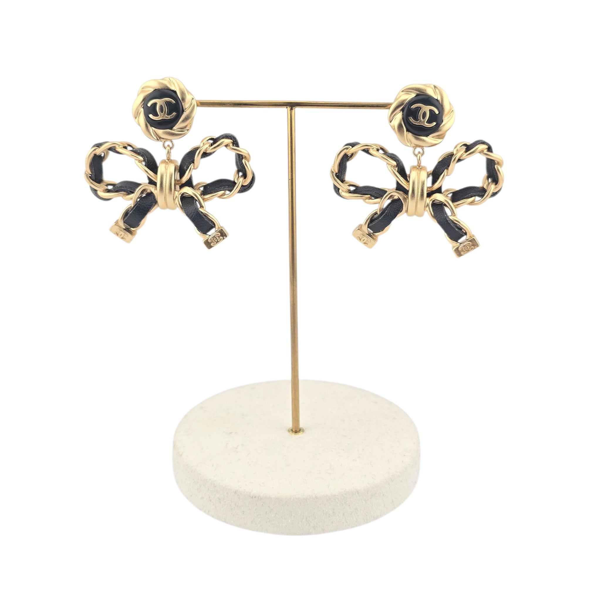 Chanel Lambskin Chain Bow Drop Earrings Black Gold CHANEL