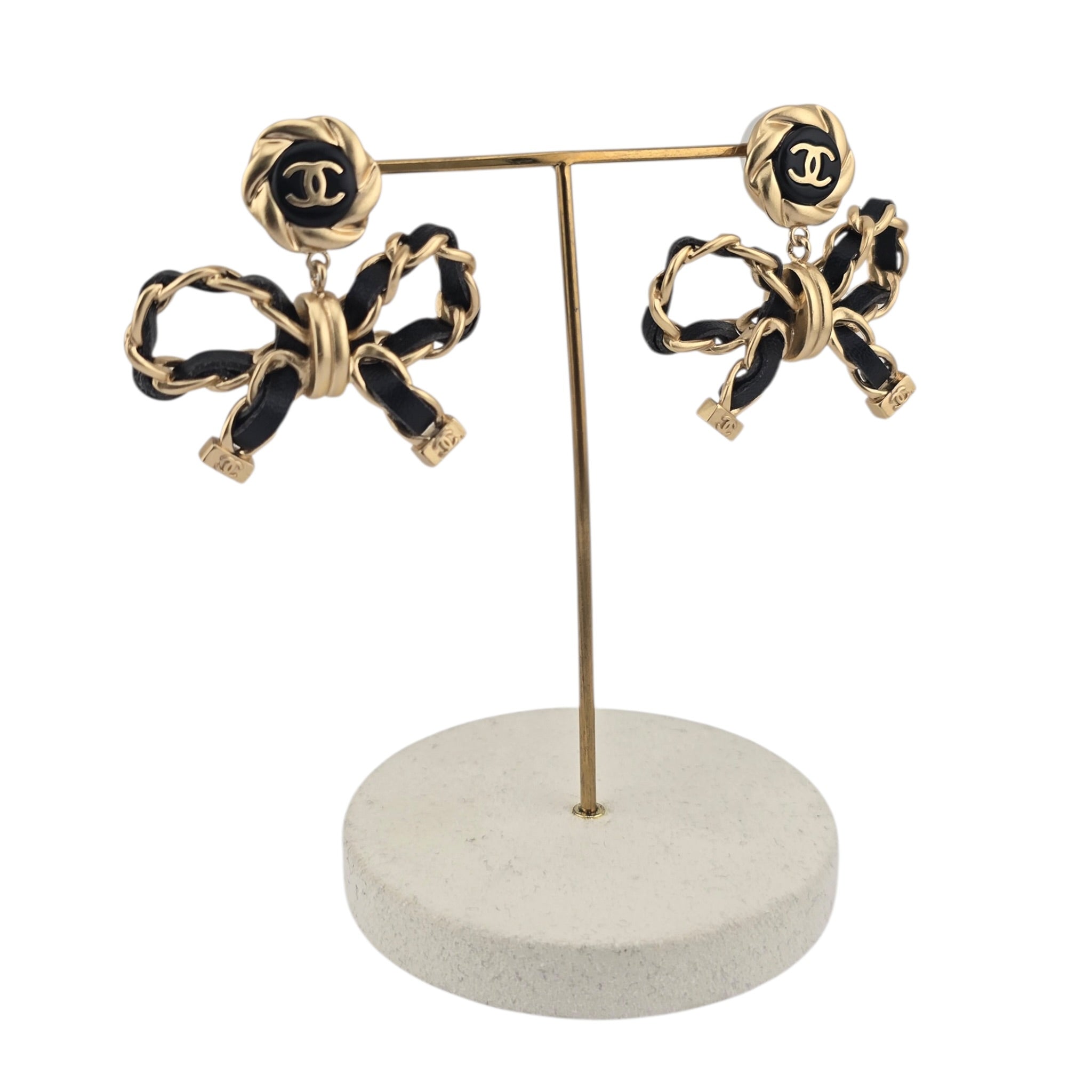 Chanel Lambskin Chain Bow Drop Earrings Black Gold CHANEL