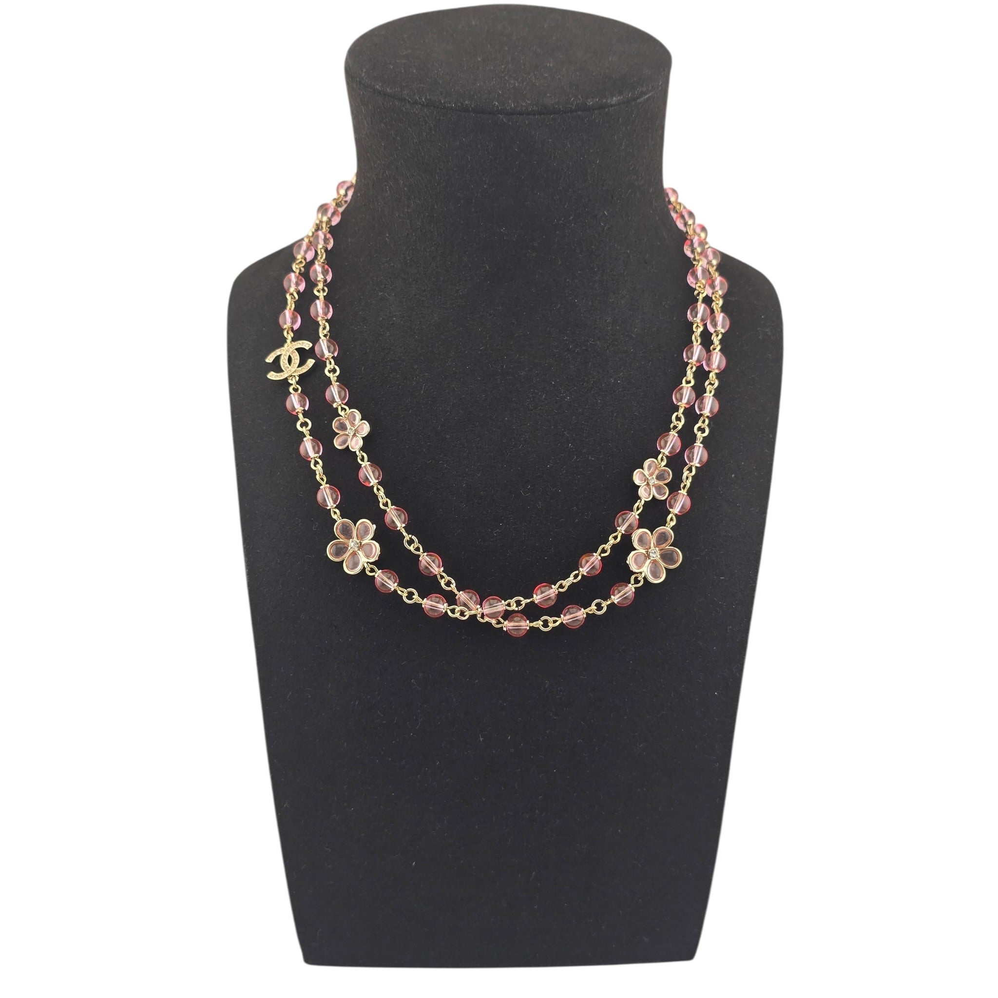 Chanel CC Pink Bead Long Gold Necklace 2026 CHANEL