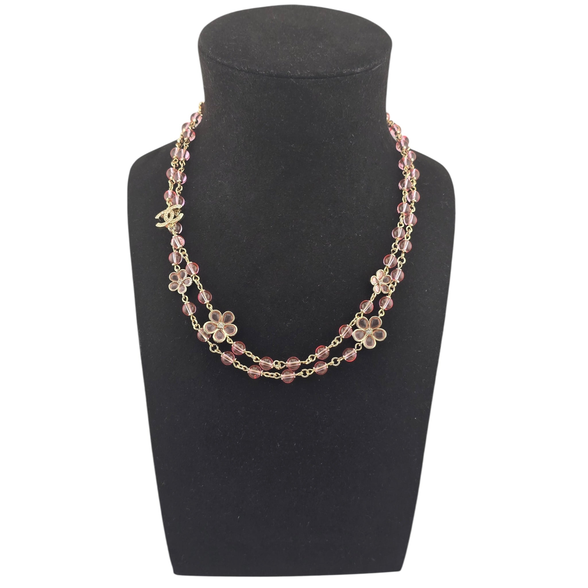 Chanel CC Pink Bead Long Gold Necklace 2026 CHANEL