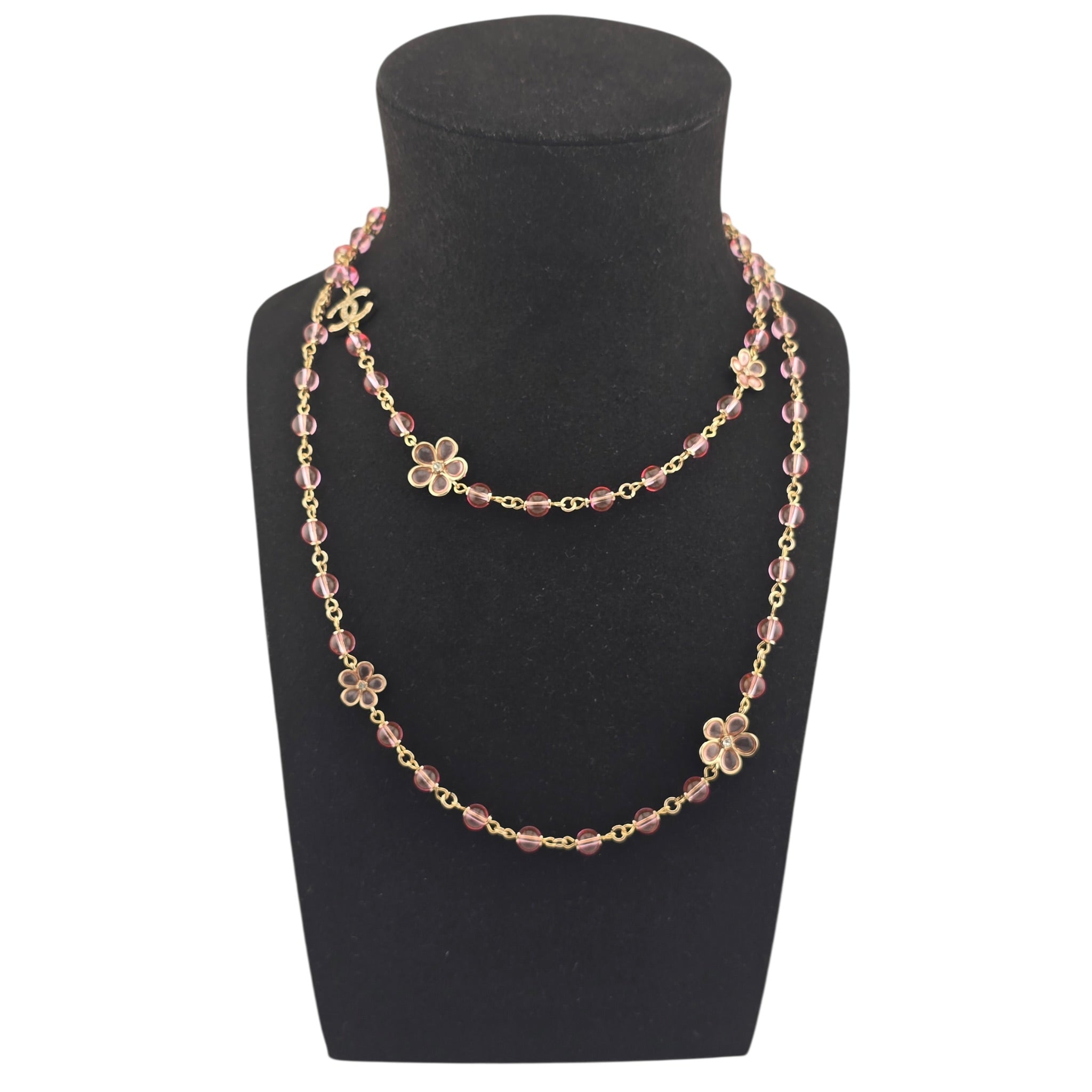 Chanel CC Pink Bead Long Gold Necklace 2026 CHANEL