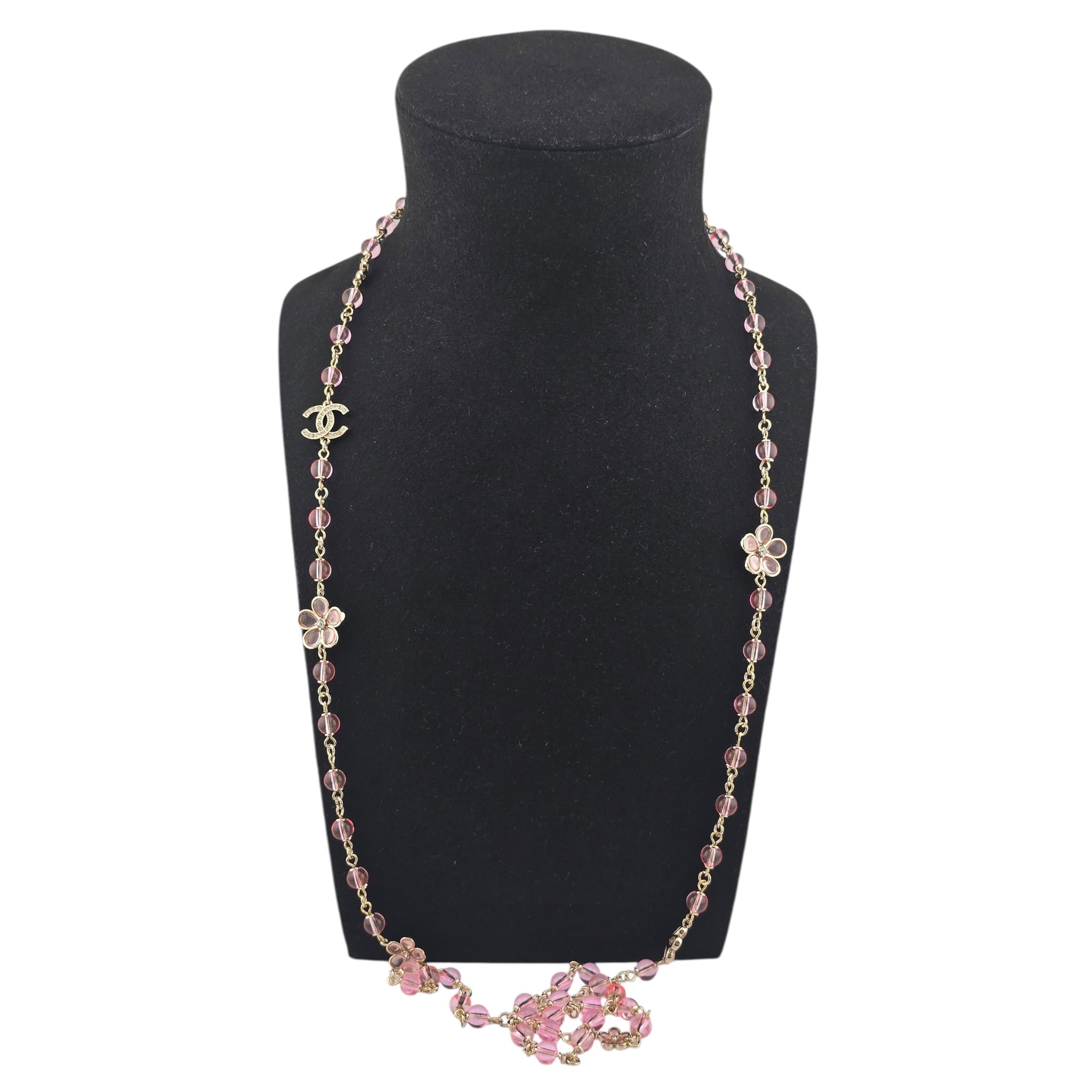 Chanel CC Pink Bead Long Gold Necklace 2026 CHANEL