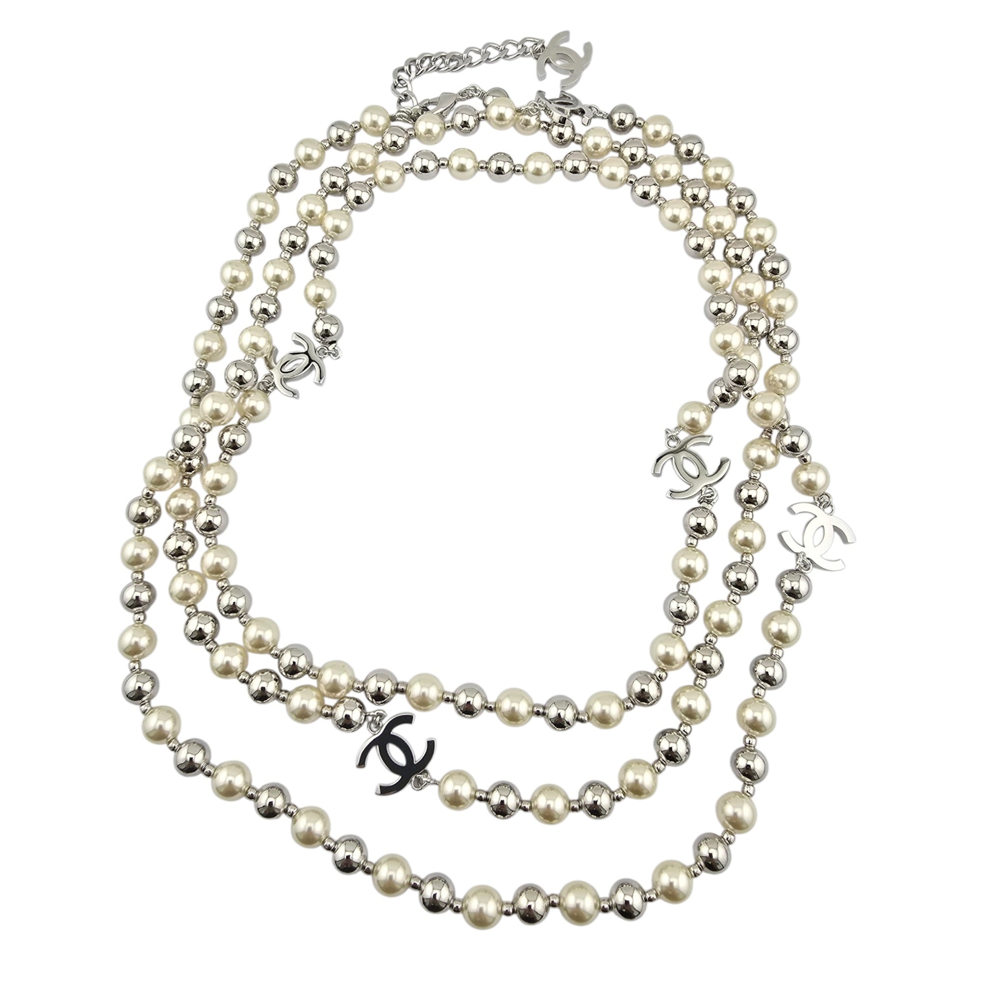 Chanel CC Faux Pearl Silver Long Necklace 2025 CHANEL