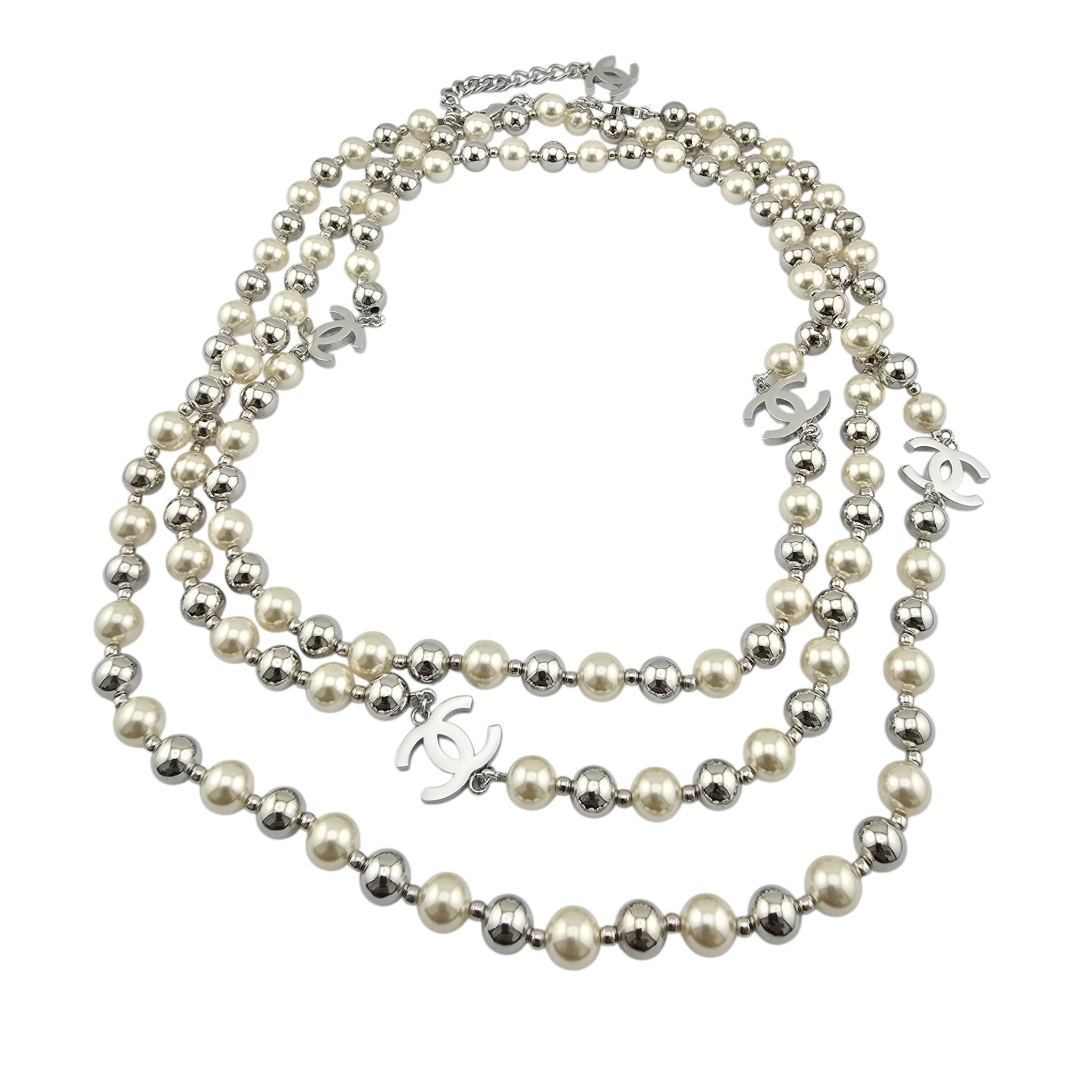 Chanel CC Faux Pearl Silver Long Necklace 2025 CHANEL