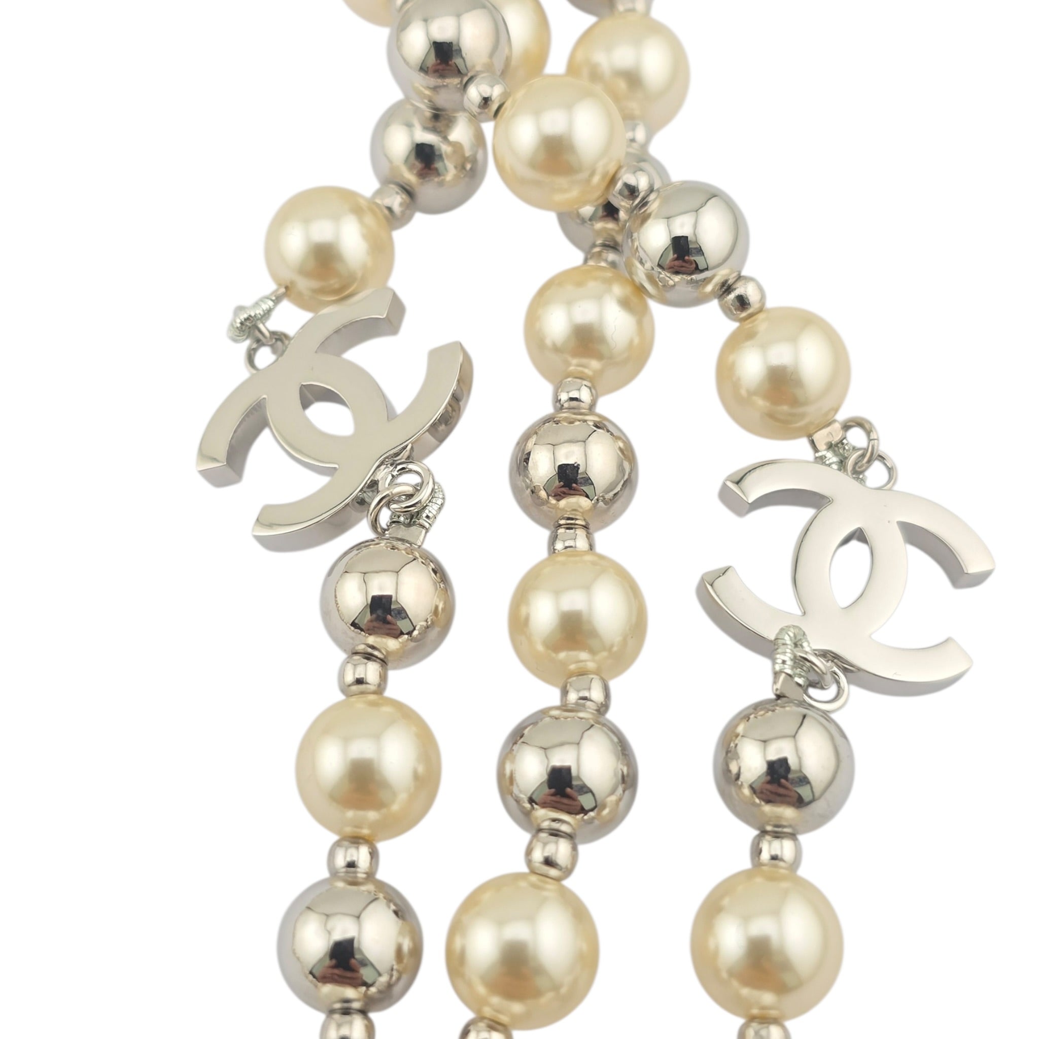 Chanel CC Faux Pearl Silver Long Necklace 2025 CHANEL