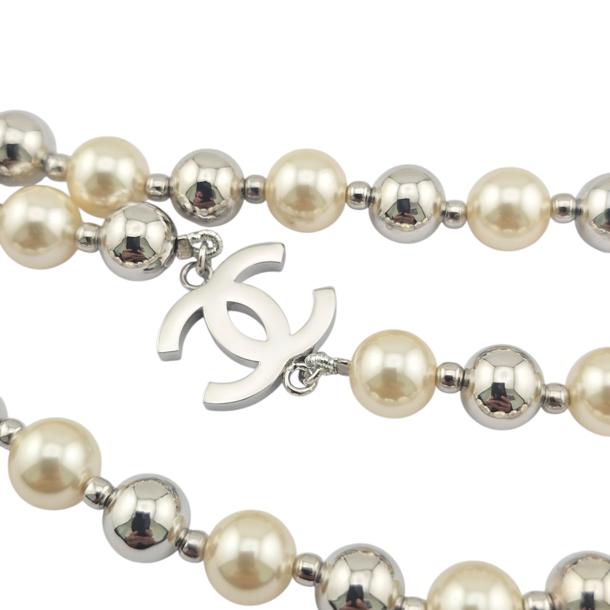 Chanel CC Faux Pearl Silver Long Necklace 2025 CHANEL