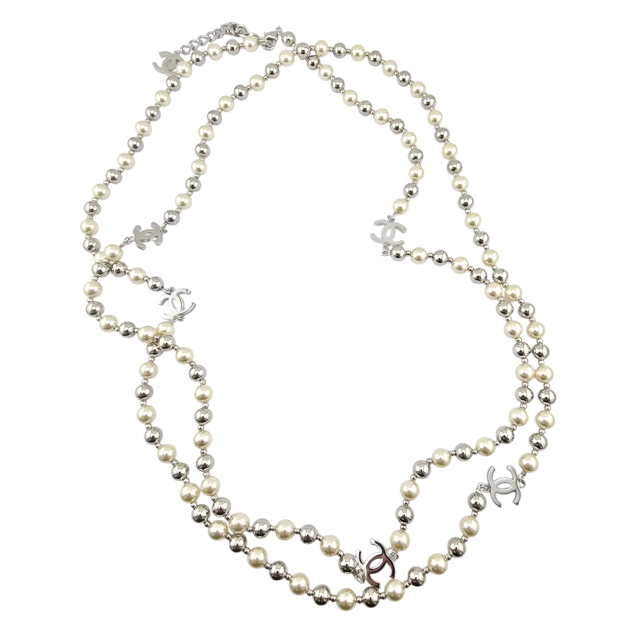 Chanel CC Faux Pearl Silver Long Necklace 2025 CHANEL