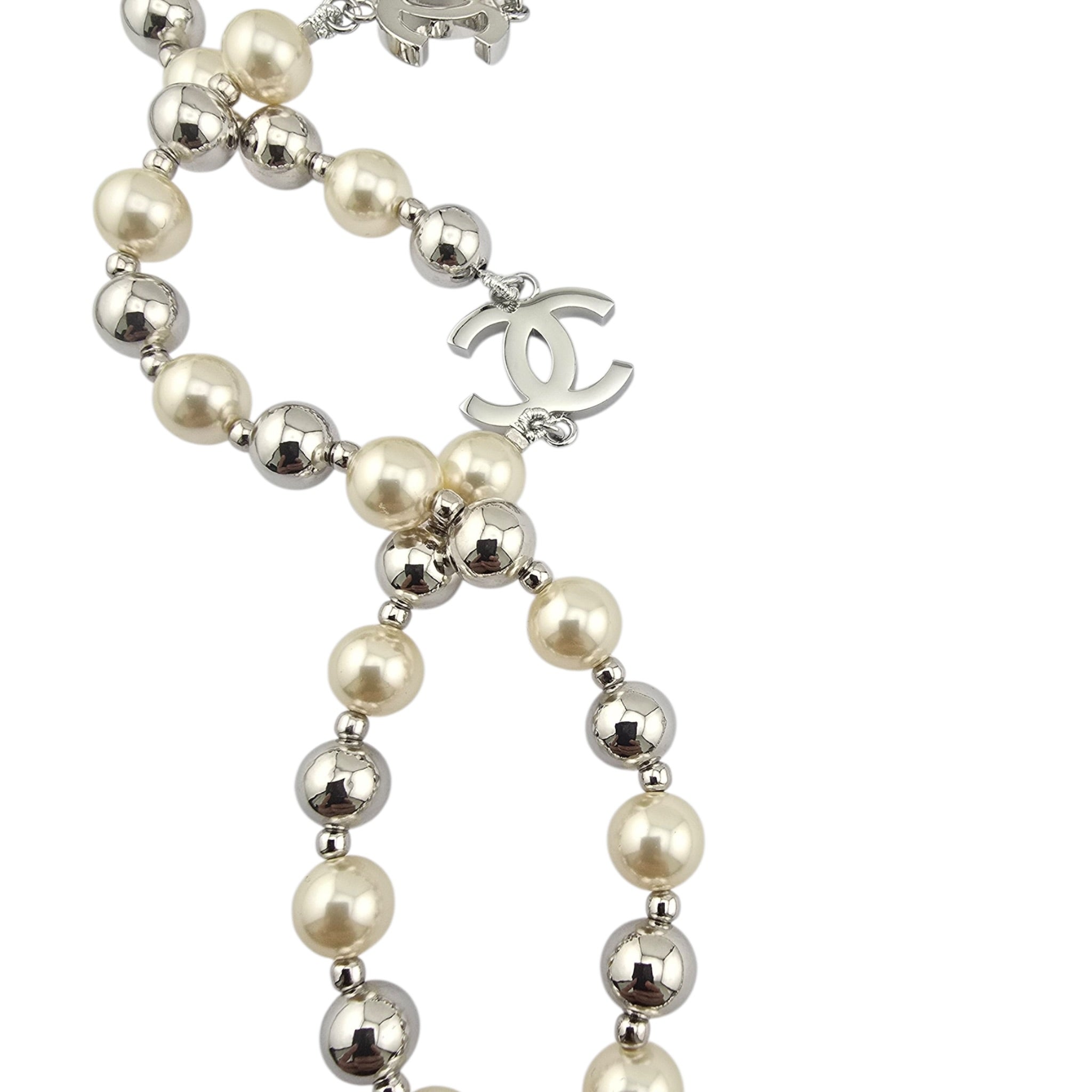 Chanel CC Faux Pearl Silver Long Necklace 2025 CHANEL