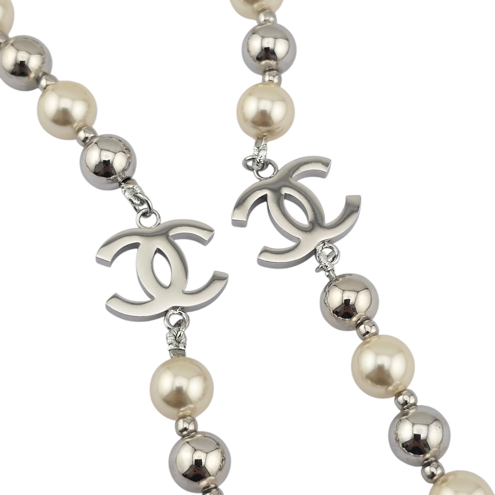 Chanel CC Faux Pearl Silver Long Necklace 2025 CHANEL