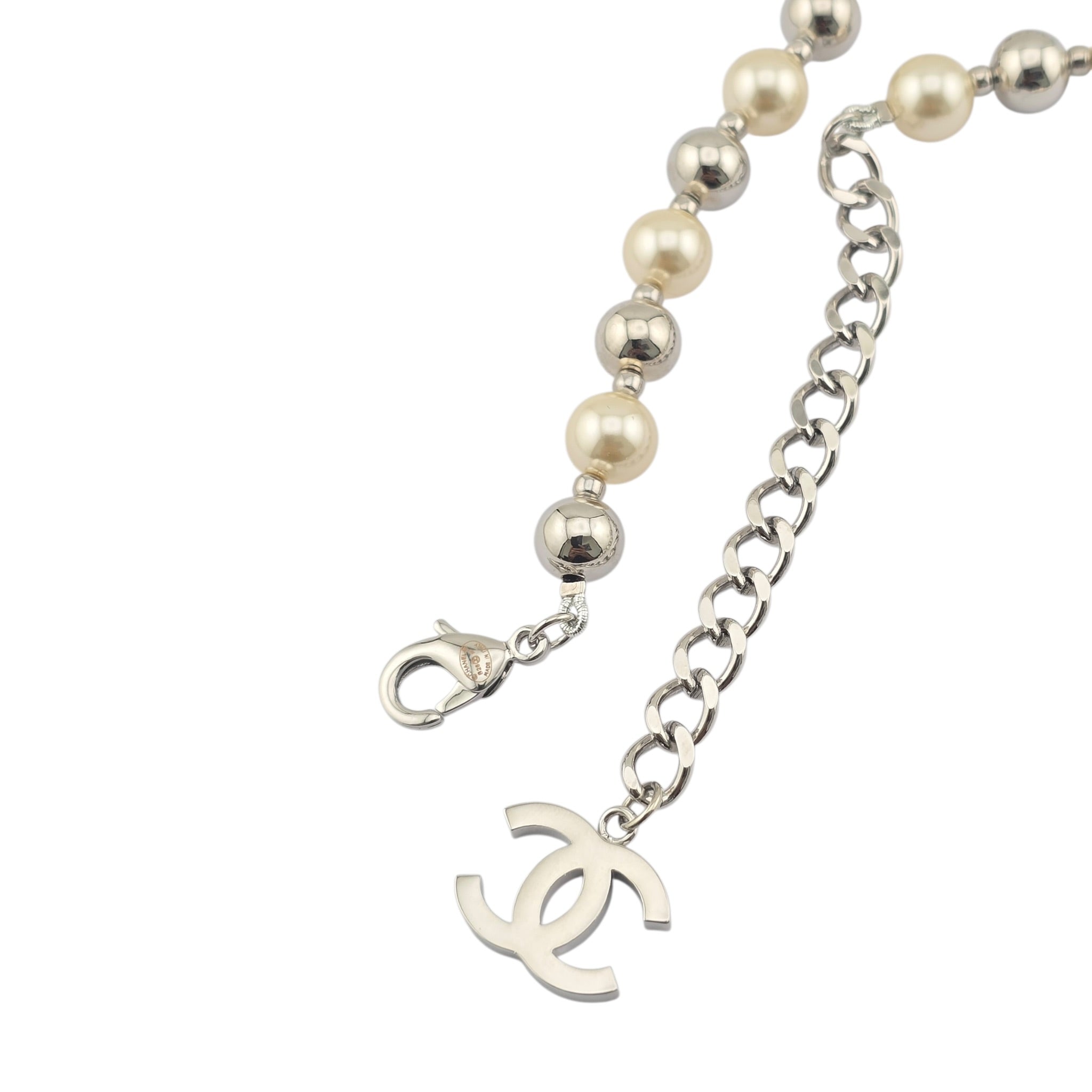 Chanel CC Faux Pearl Silver Long Necklace 2025 CHANEL
