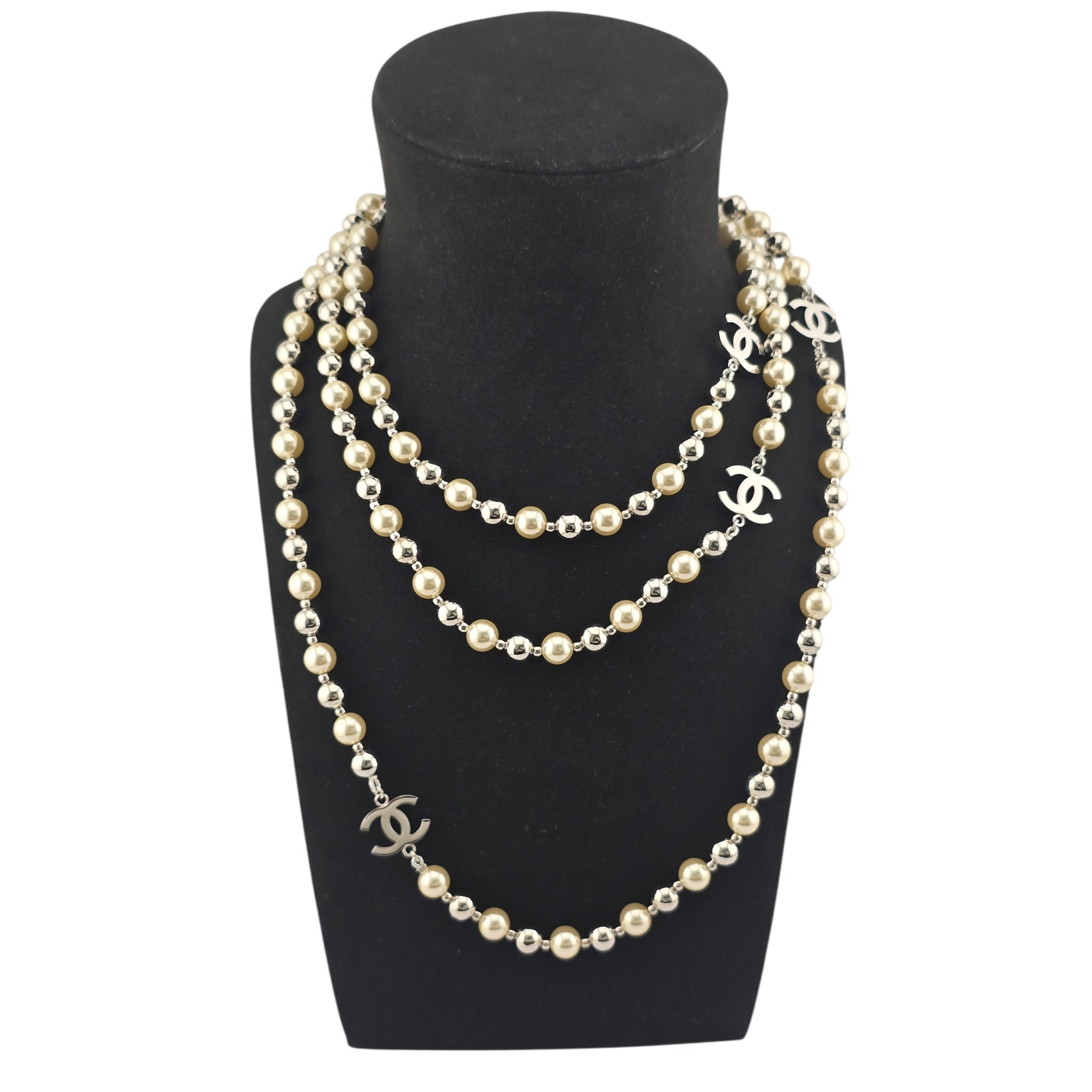 Chanel CC Faux Pearl Silver Long Necklace 2025 CHANEL