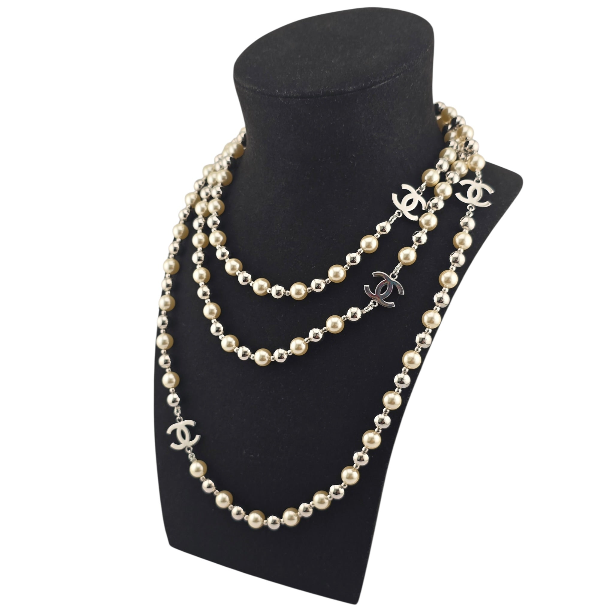 Chanel CC Faux Pearl Silver Long Necklace 2025 CHANEL