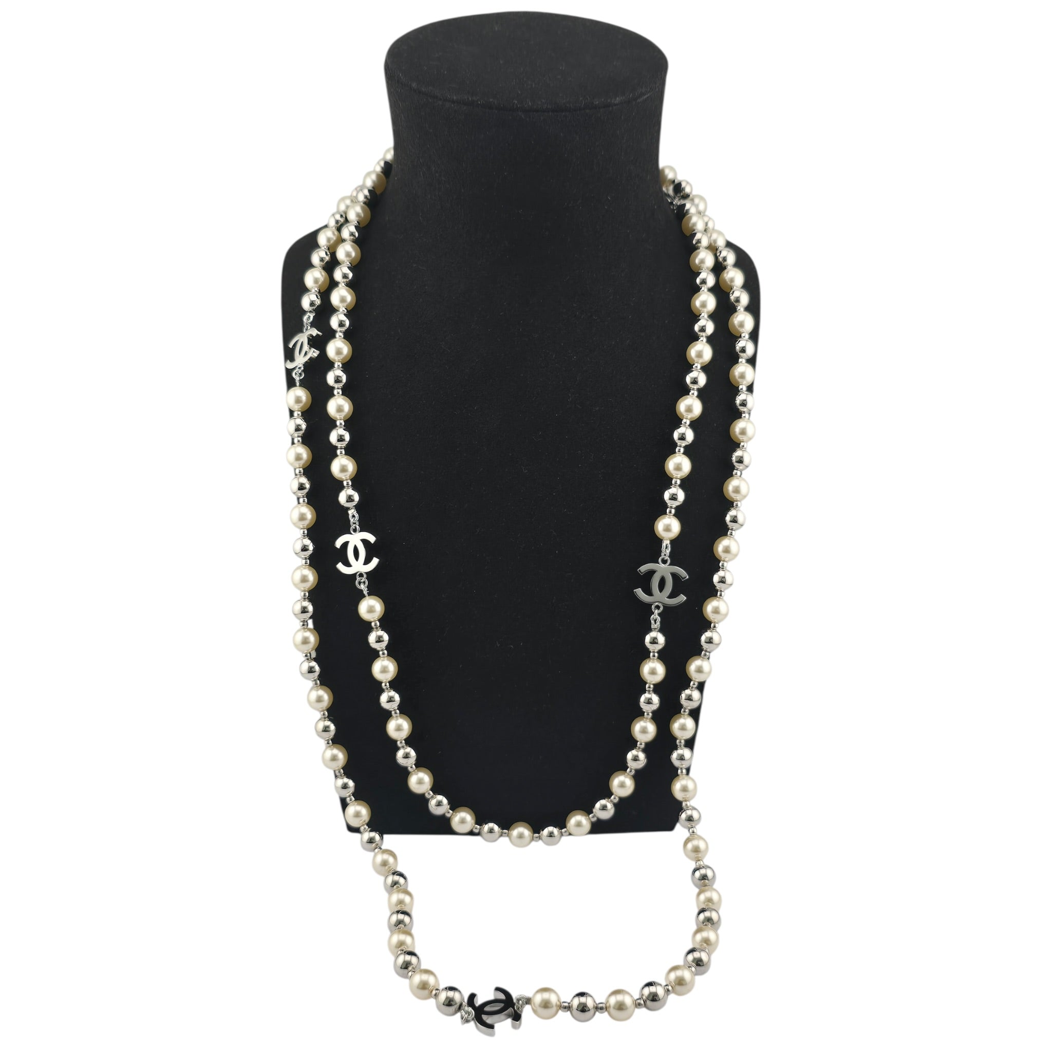 Chanel CC Faux Pearl Silver Long Necklace 2025 CHANEL