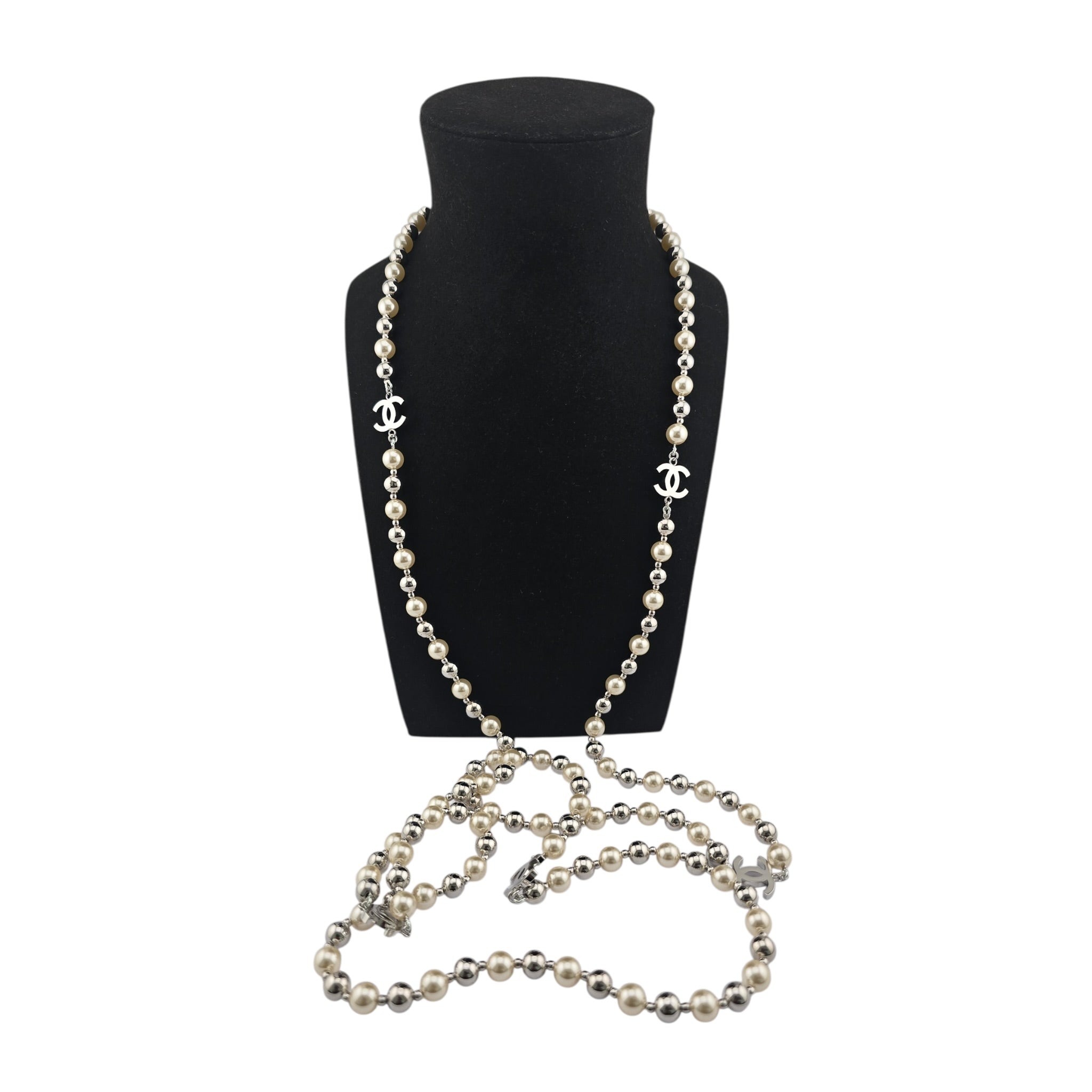 Chanel CC Faux Pearl Silver Long Necklace 2025 CHANEL