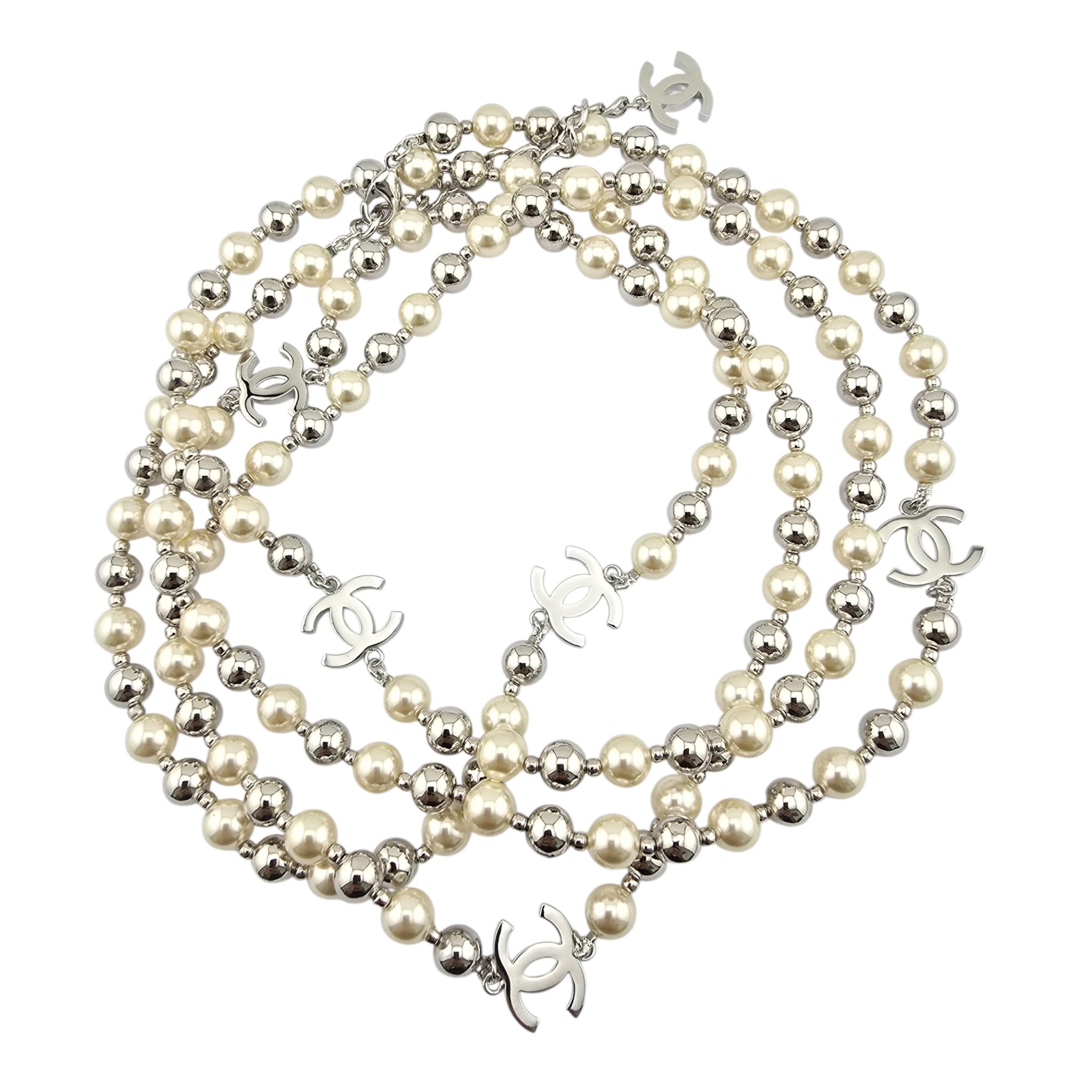 Chanel CC Faux Pearl Silver Long Necklace 2025 CHANEL