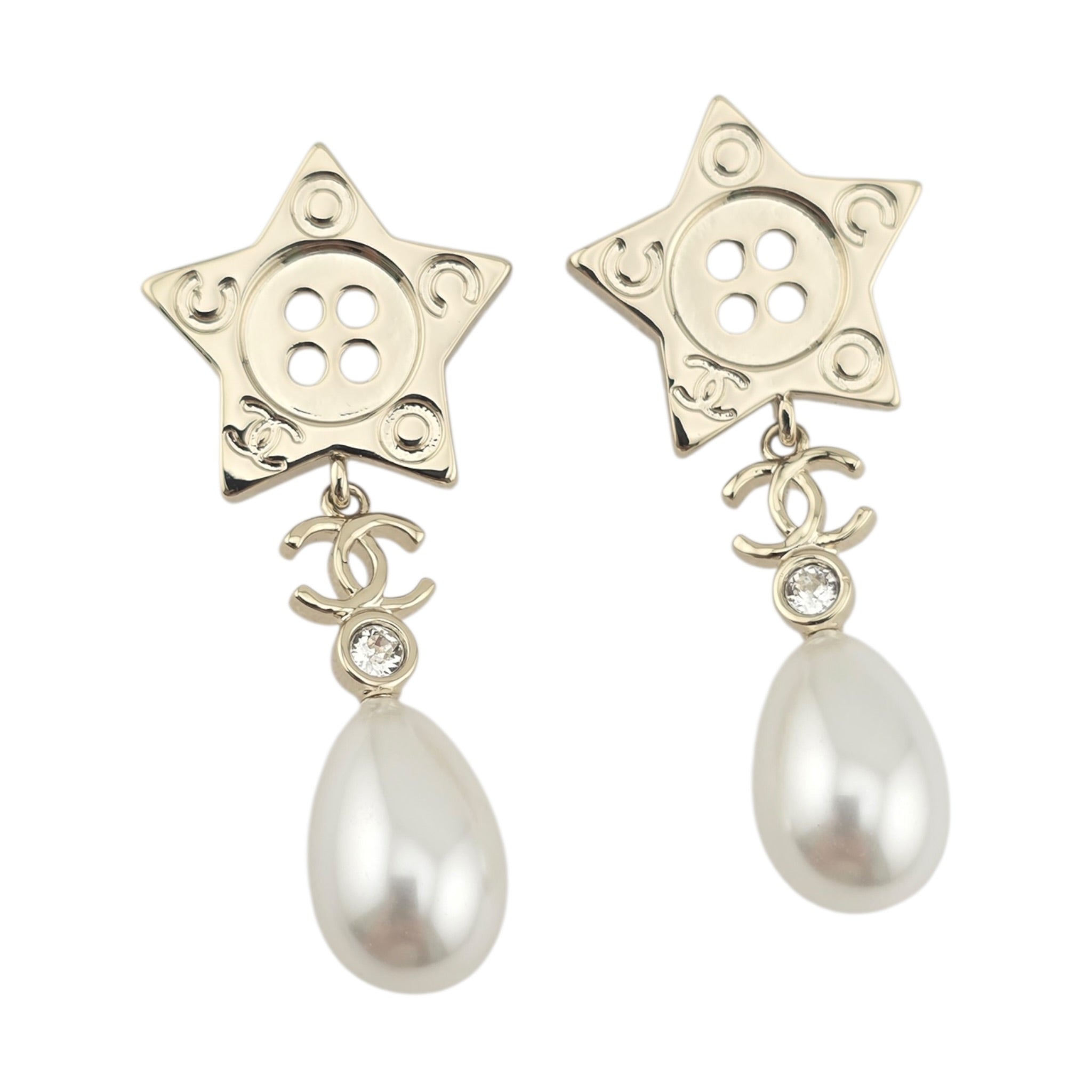 Chanel Logo Star Button Gold Faux Pearl Drop Earrings 2025 CHANEL