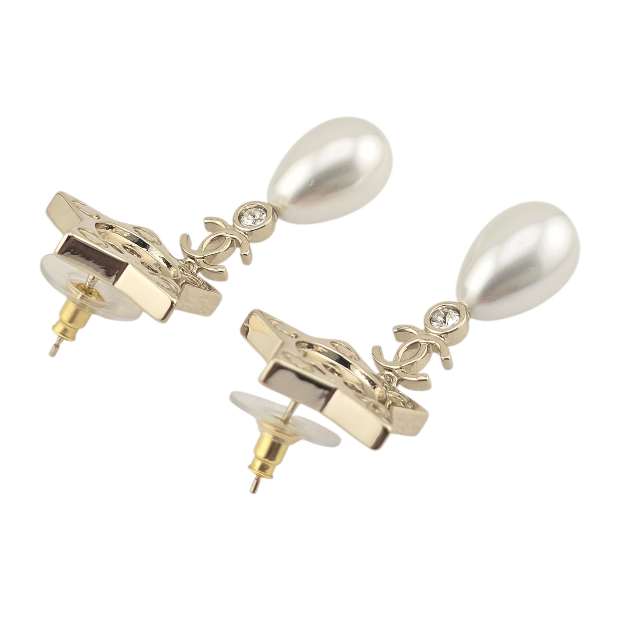 Chanel Logo Star Button Gold Faux Pearl Drop Earrings 2025 CHANEL