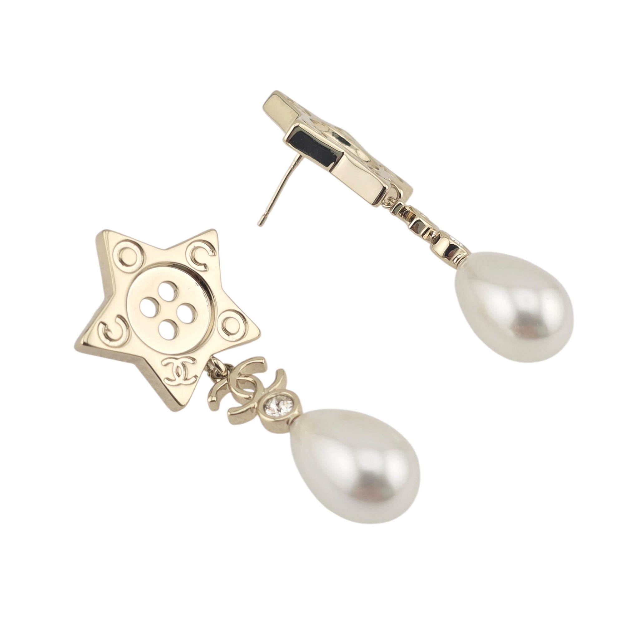 Chanel Logo Star Button Gold Faux Pearl Drop Earrings 2025 CHANEL