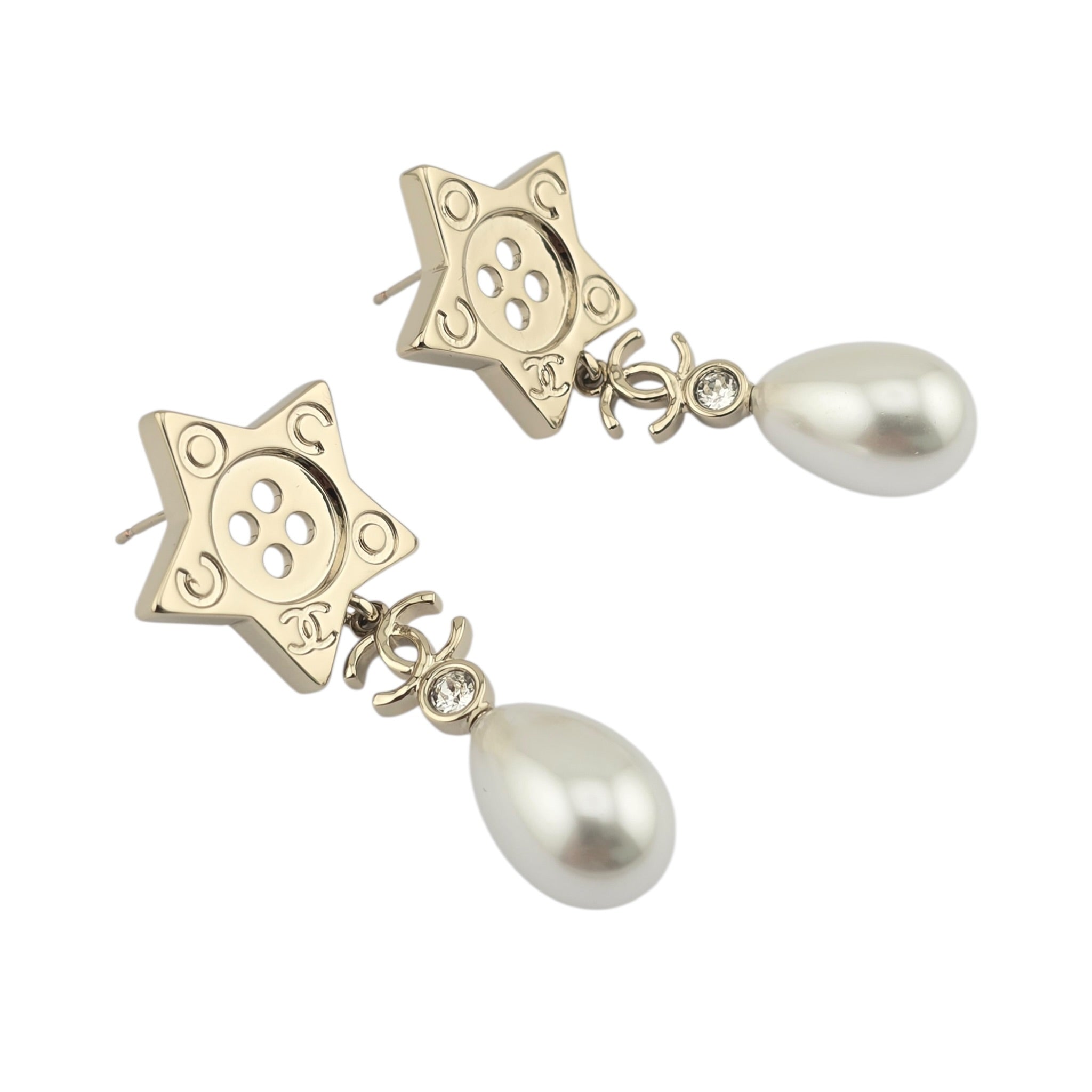 Chanel Logo Star Button Gold Faux Pearl Drop Earrings 2025 CHANEL