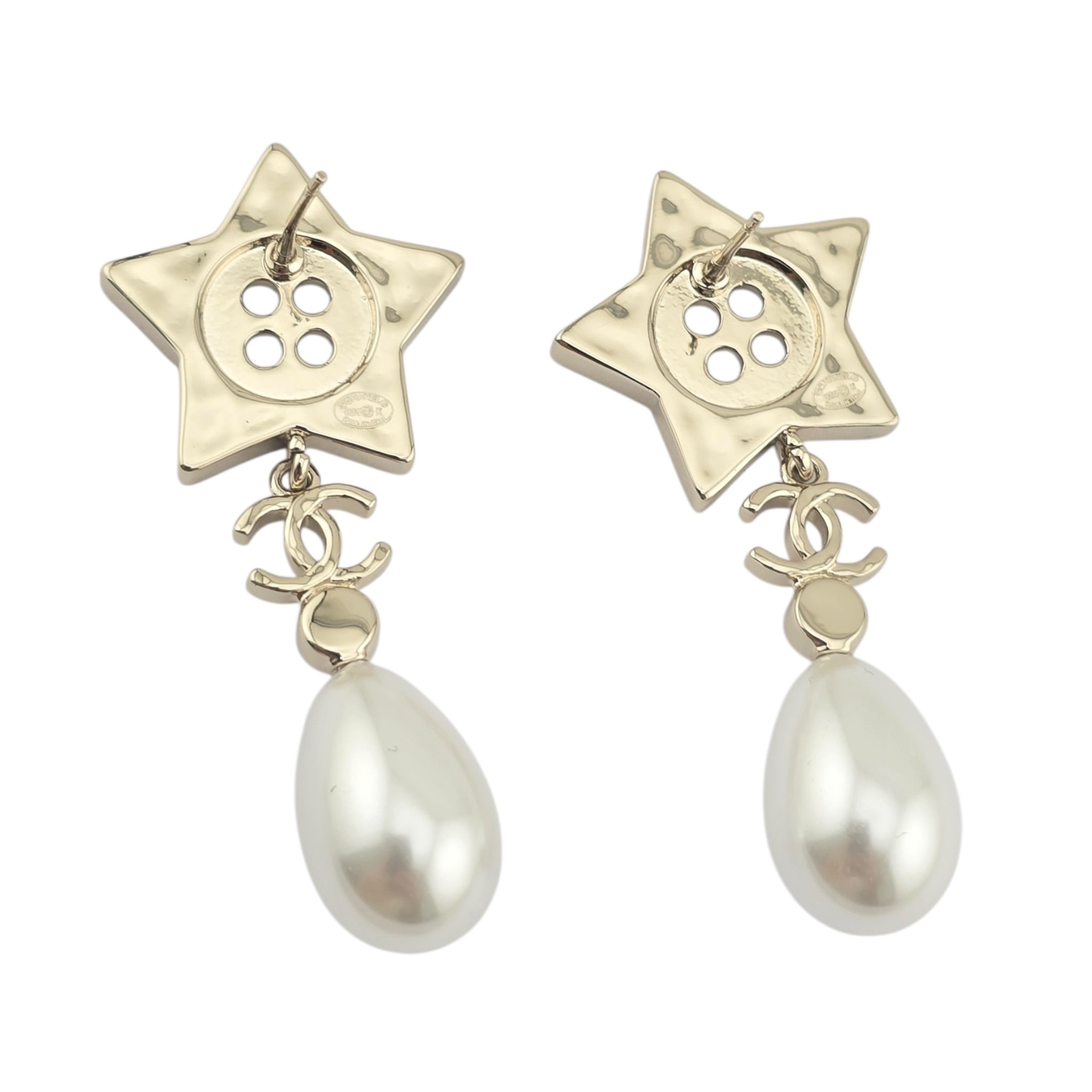 Chanel Logo Star Button Gold Faux Pearl Drop Earrings 2025 CHANEL